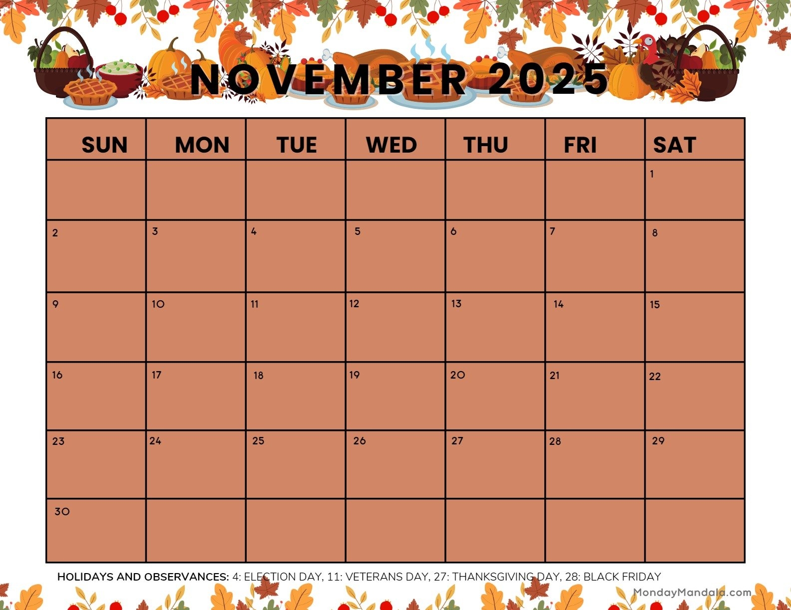 November 2025 Calendar Thanksgiving Day