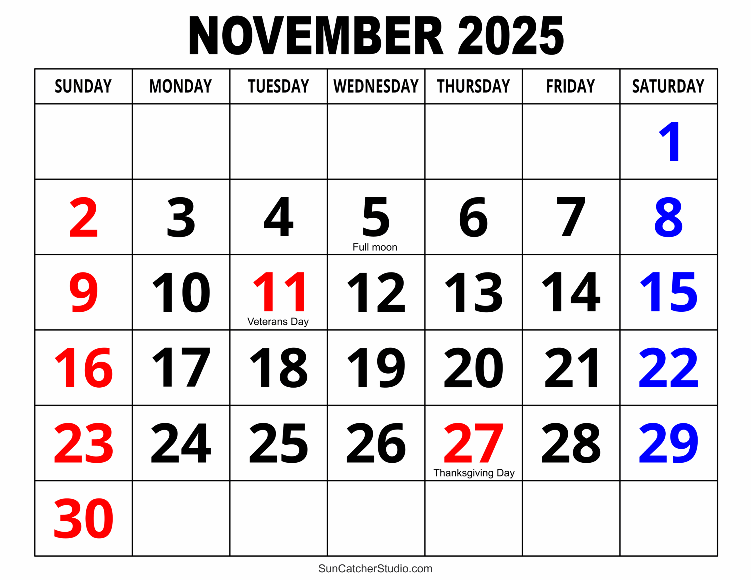 November 2025 Calendar With Holidays Printable Pdf