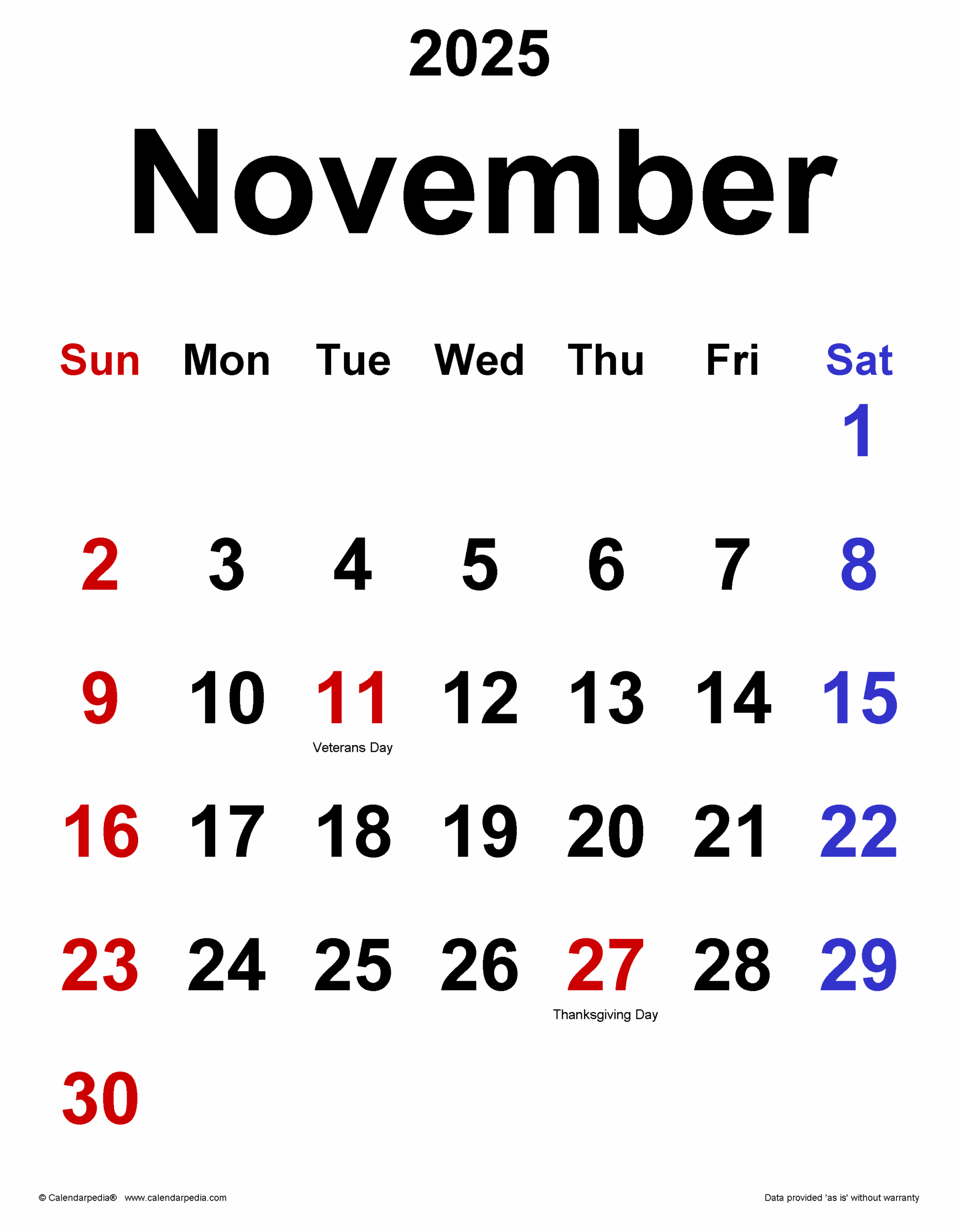November 2025 Calendar In Word