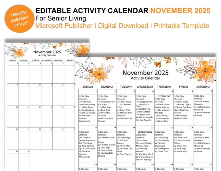 November 2025 Editable Monthly Activities Calendar For Senior Living Tabloid Size 17