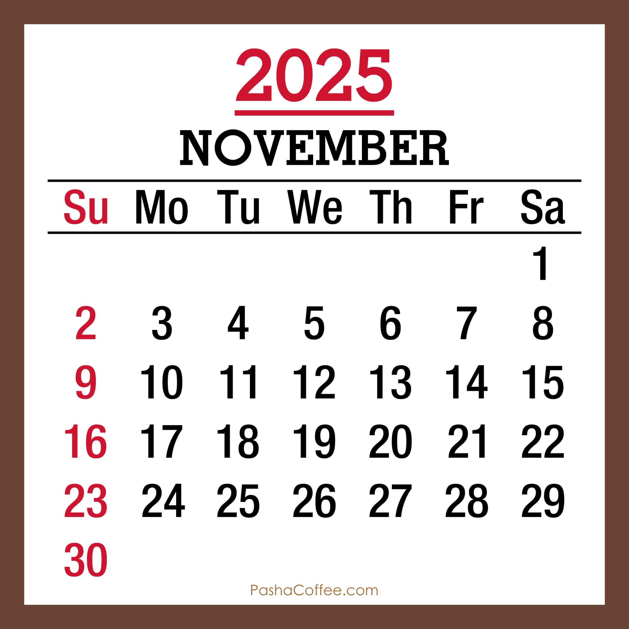 November 2025 Monthly Calendar Printable Free Brown Sunday Start PashaCoffee