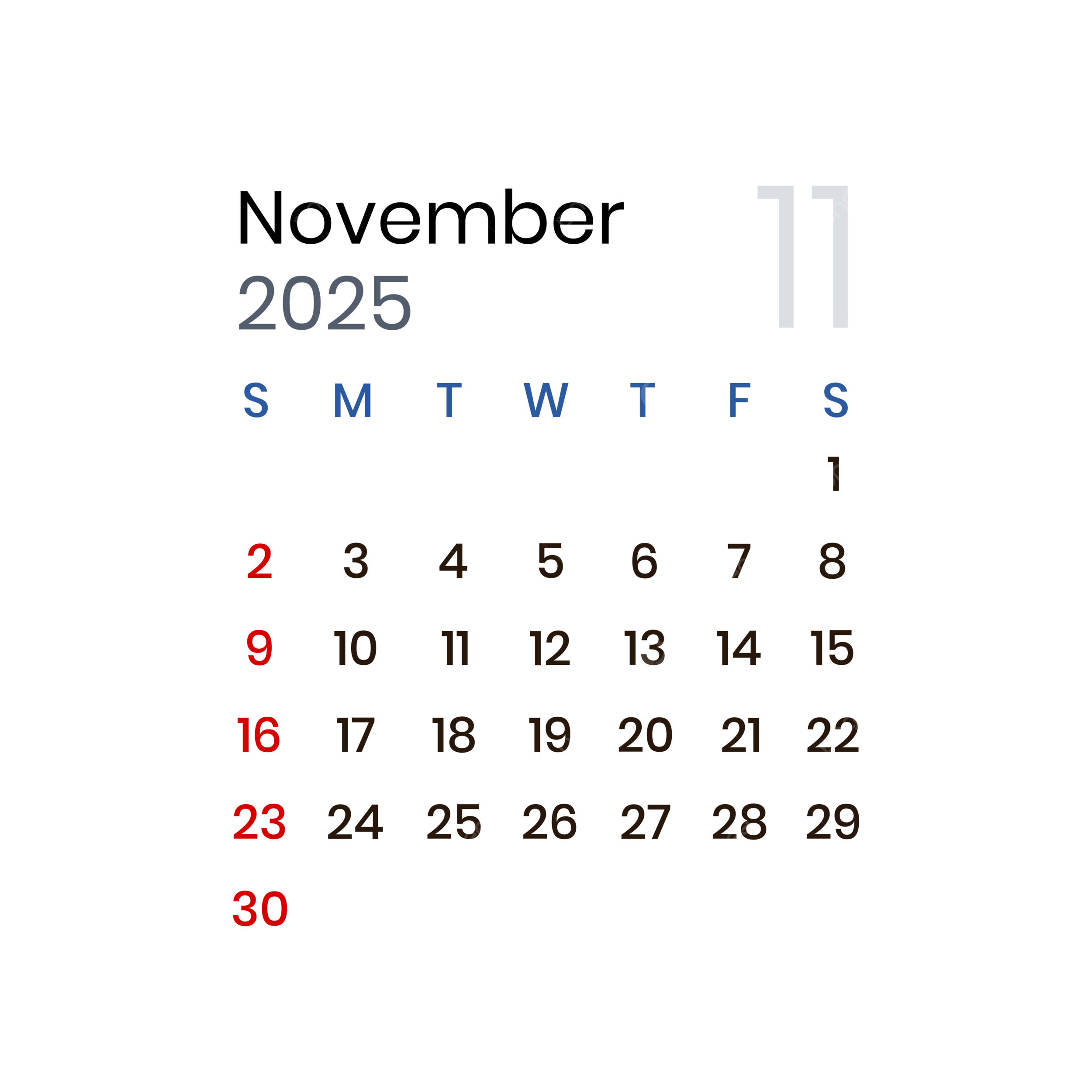 November 2025 Calendar Transparent Background