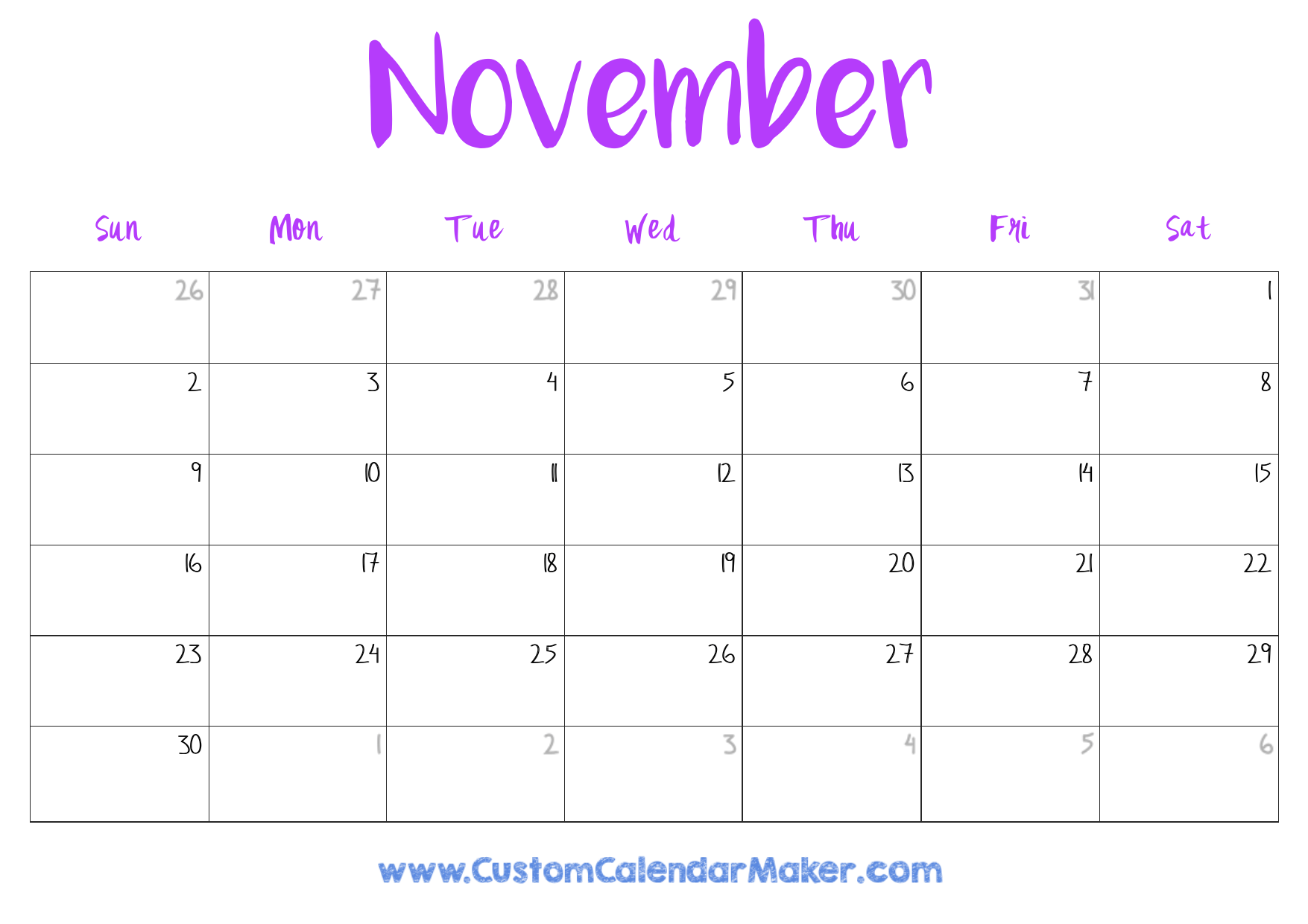 November 2025 Calendar Excel Template