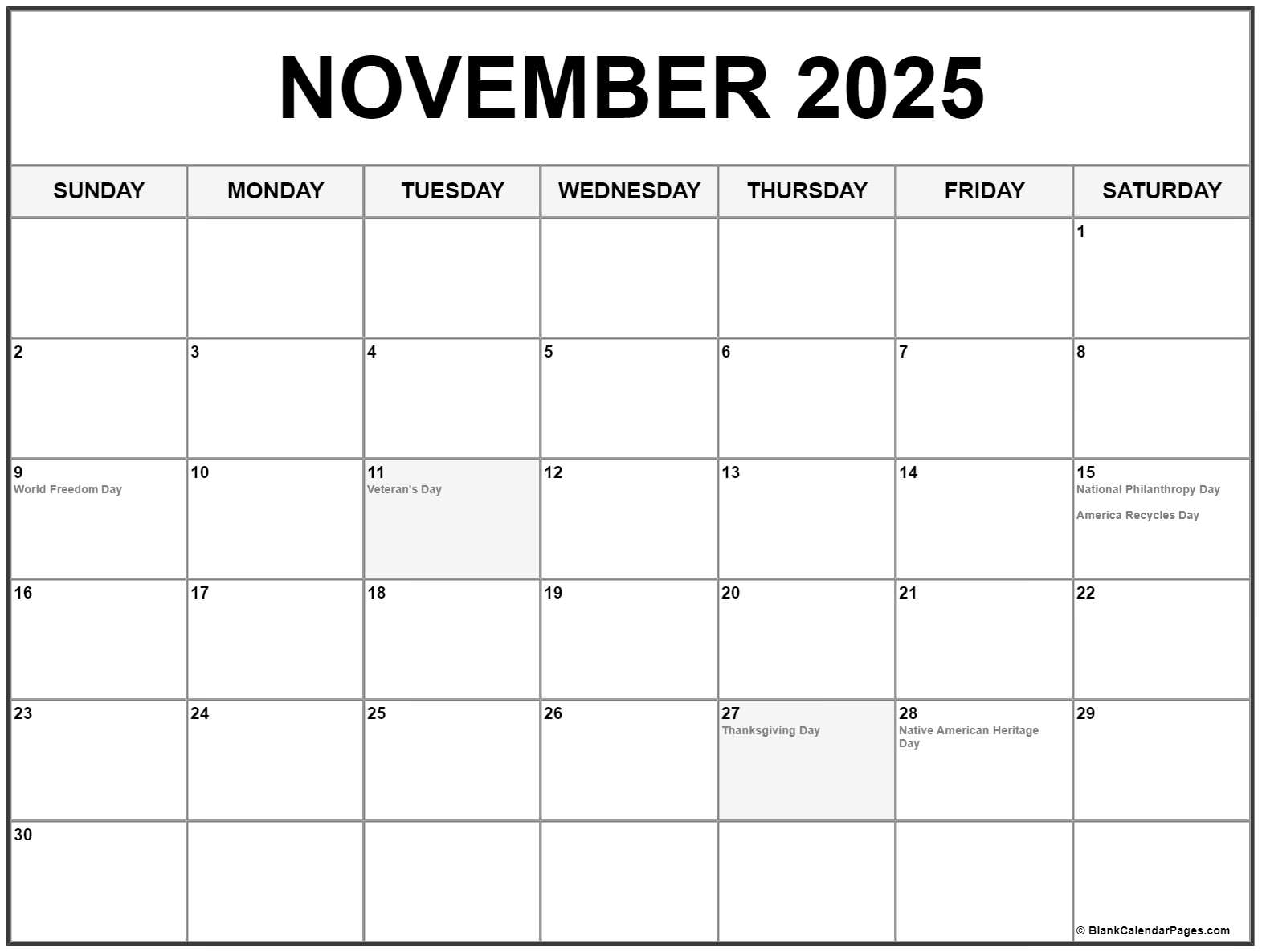 November 2025 Calendar National Holidays
