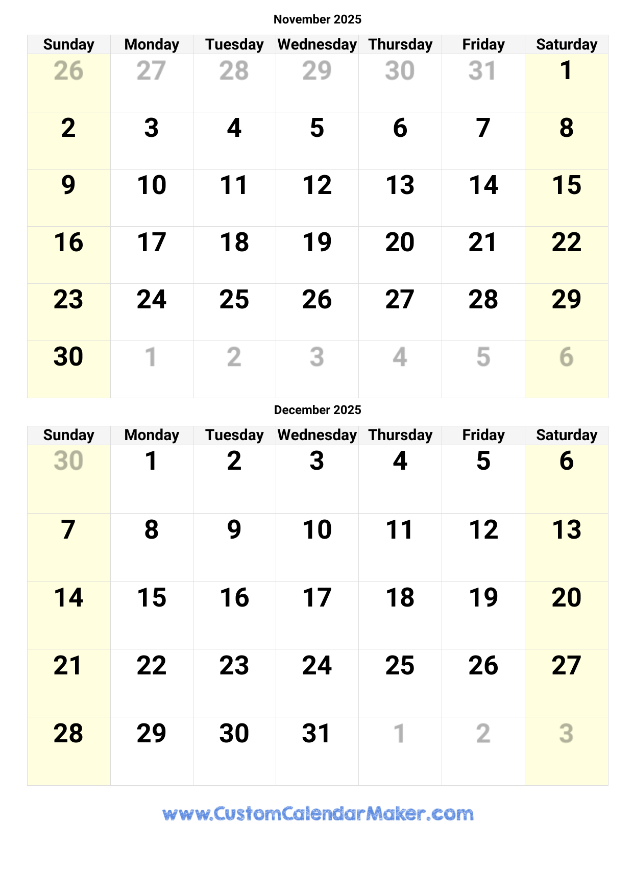 November And December 2025 Calendar With Holidays