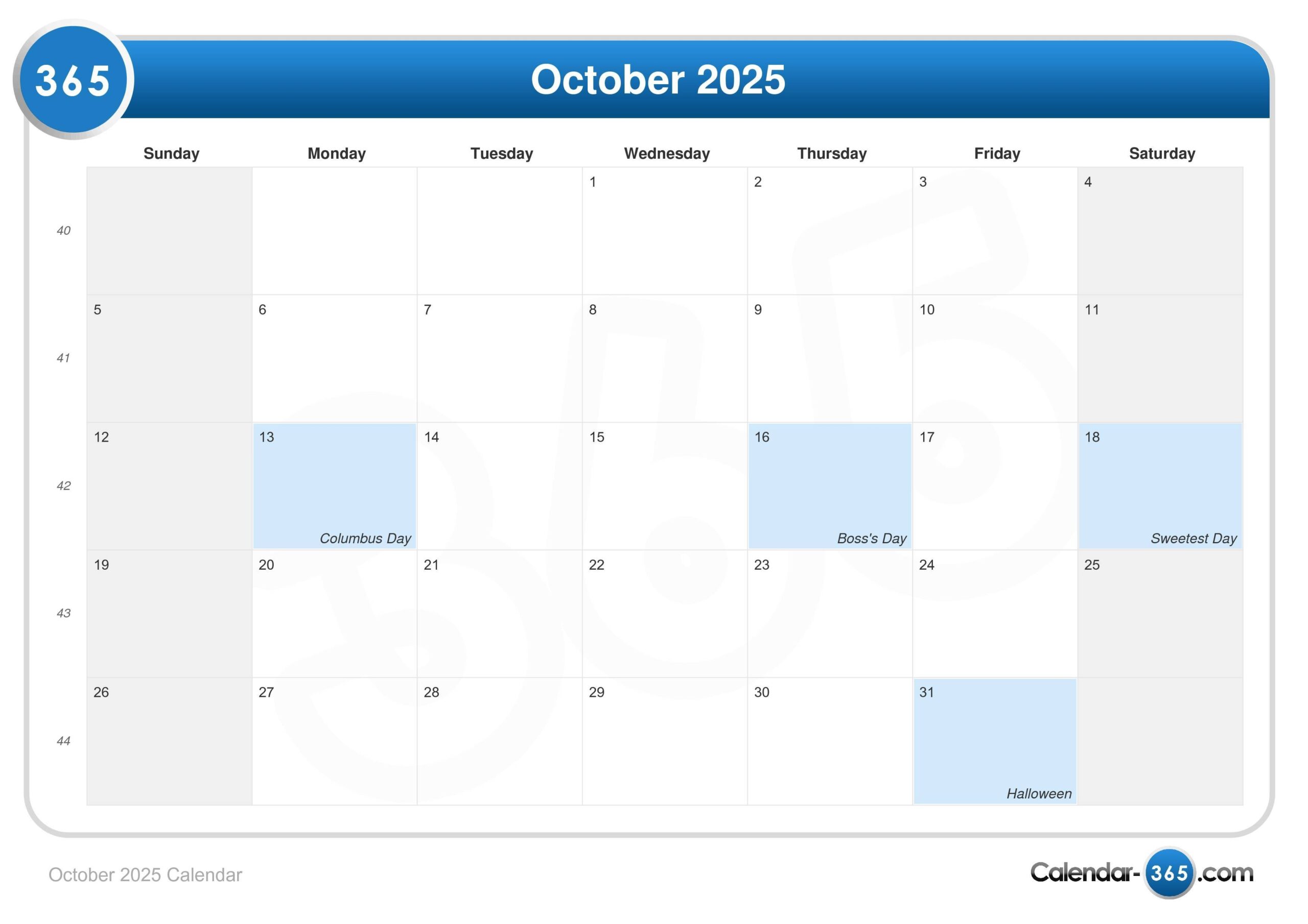 25 October 2025 Calendar