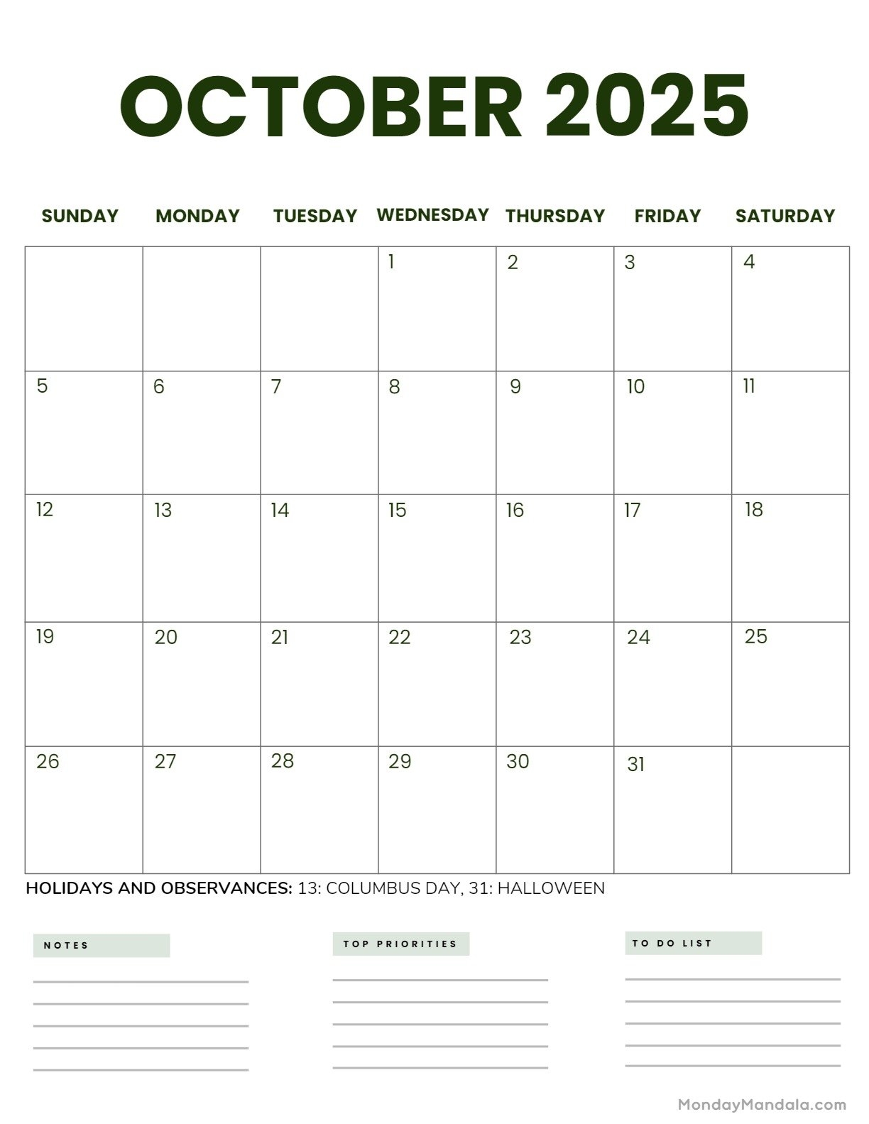 October 2025 Free Calendar