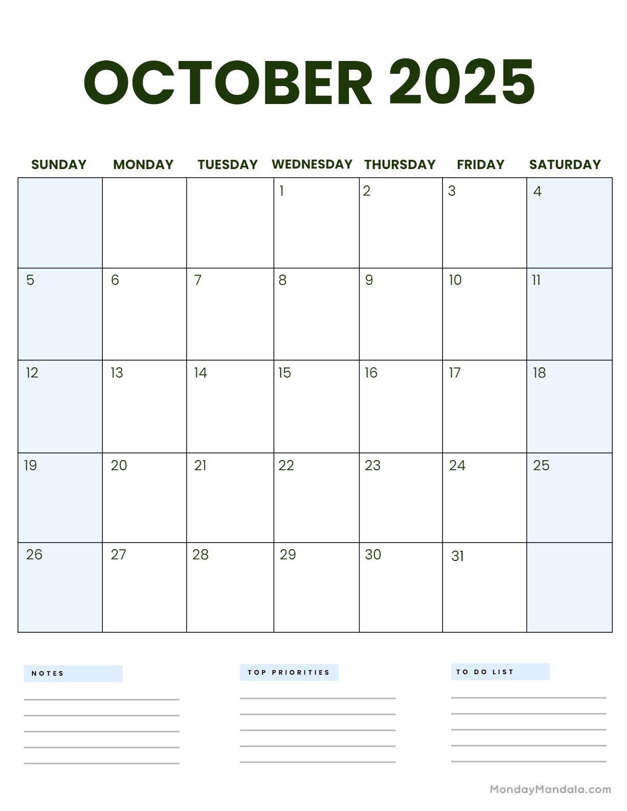 Small October 2025 Calendar