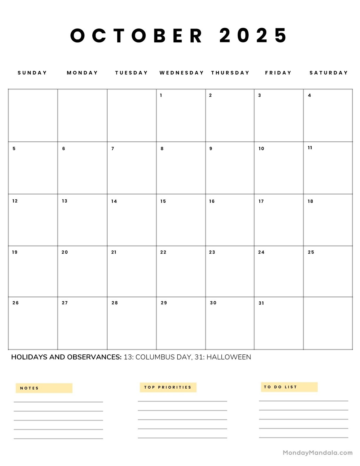 Free Calendar Template October 2025