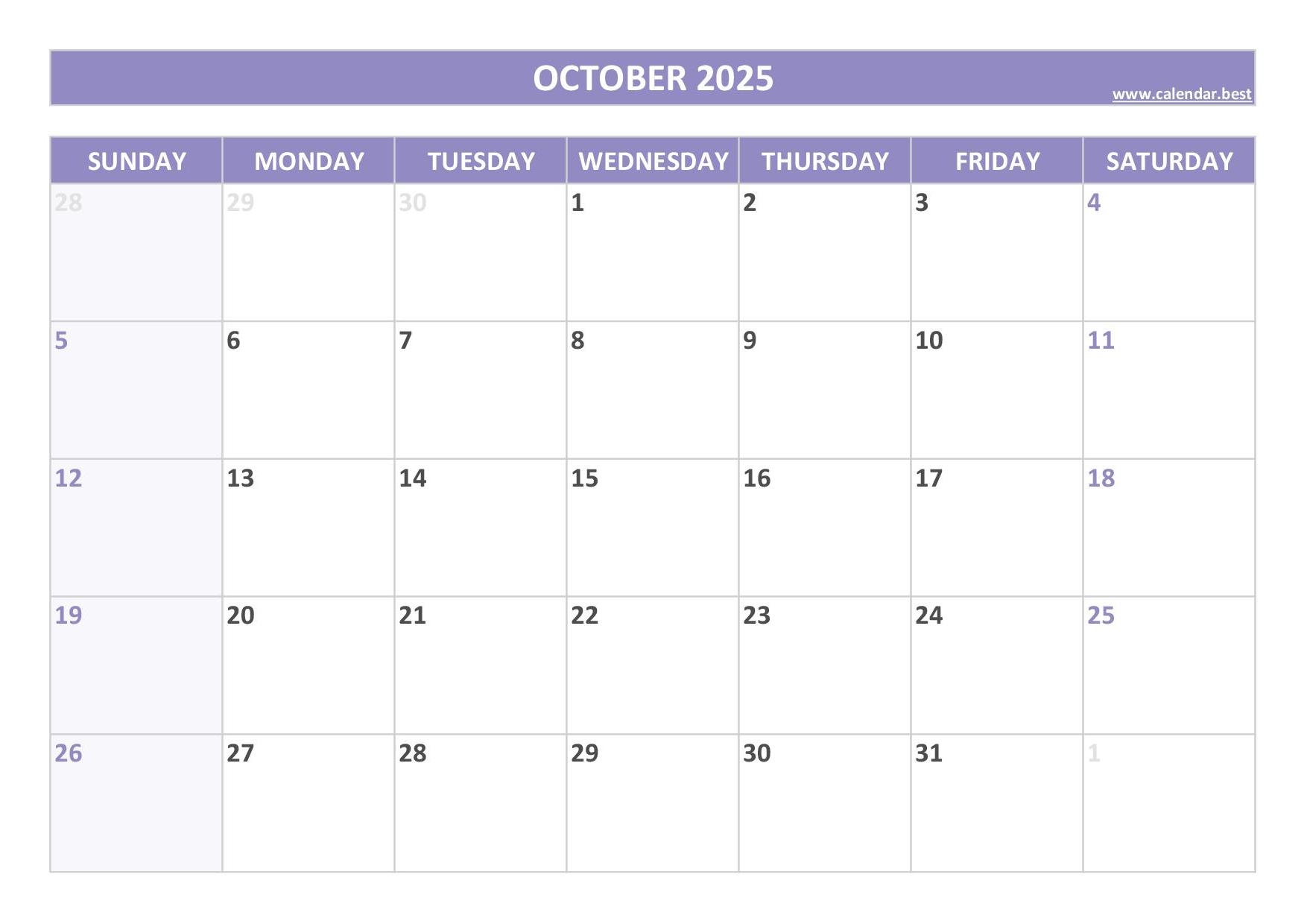 Printable Calendar For October 2025