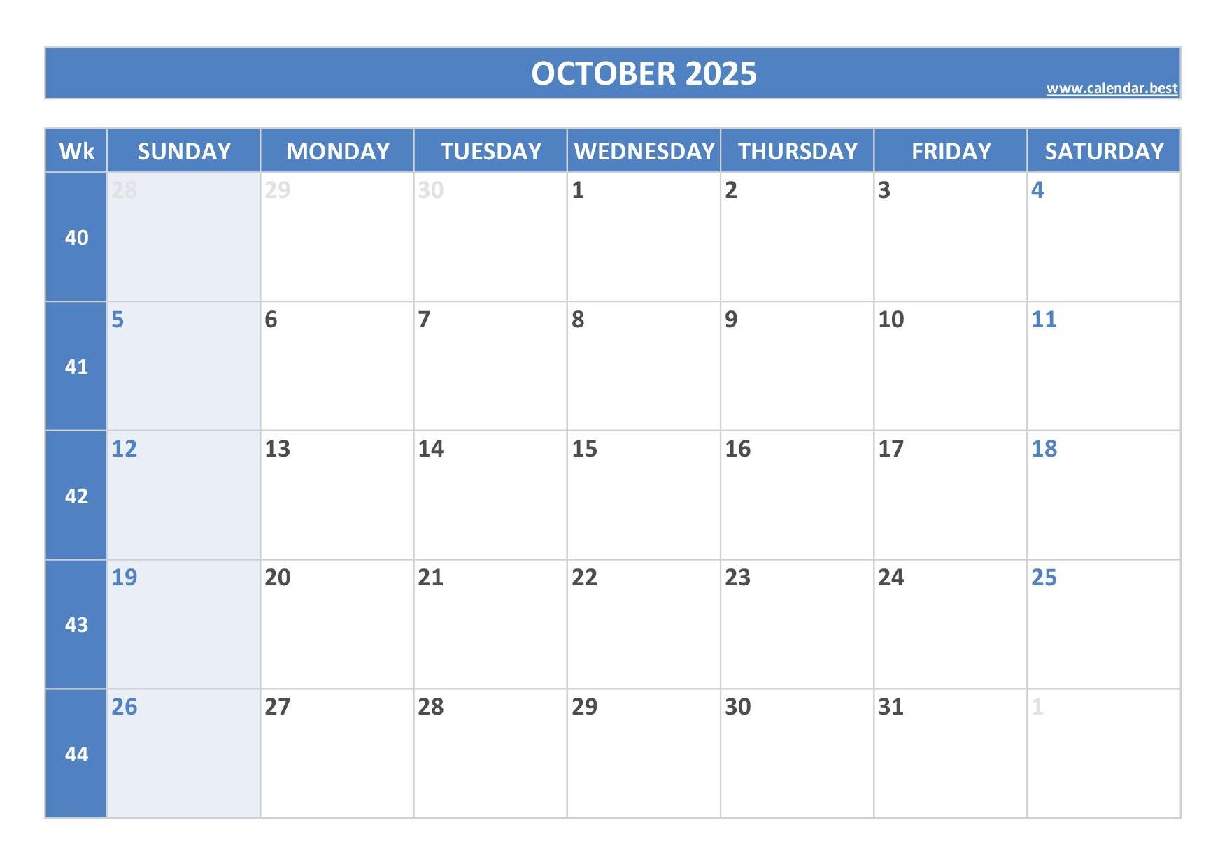 October 2025 Month Calendar