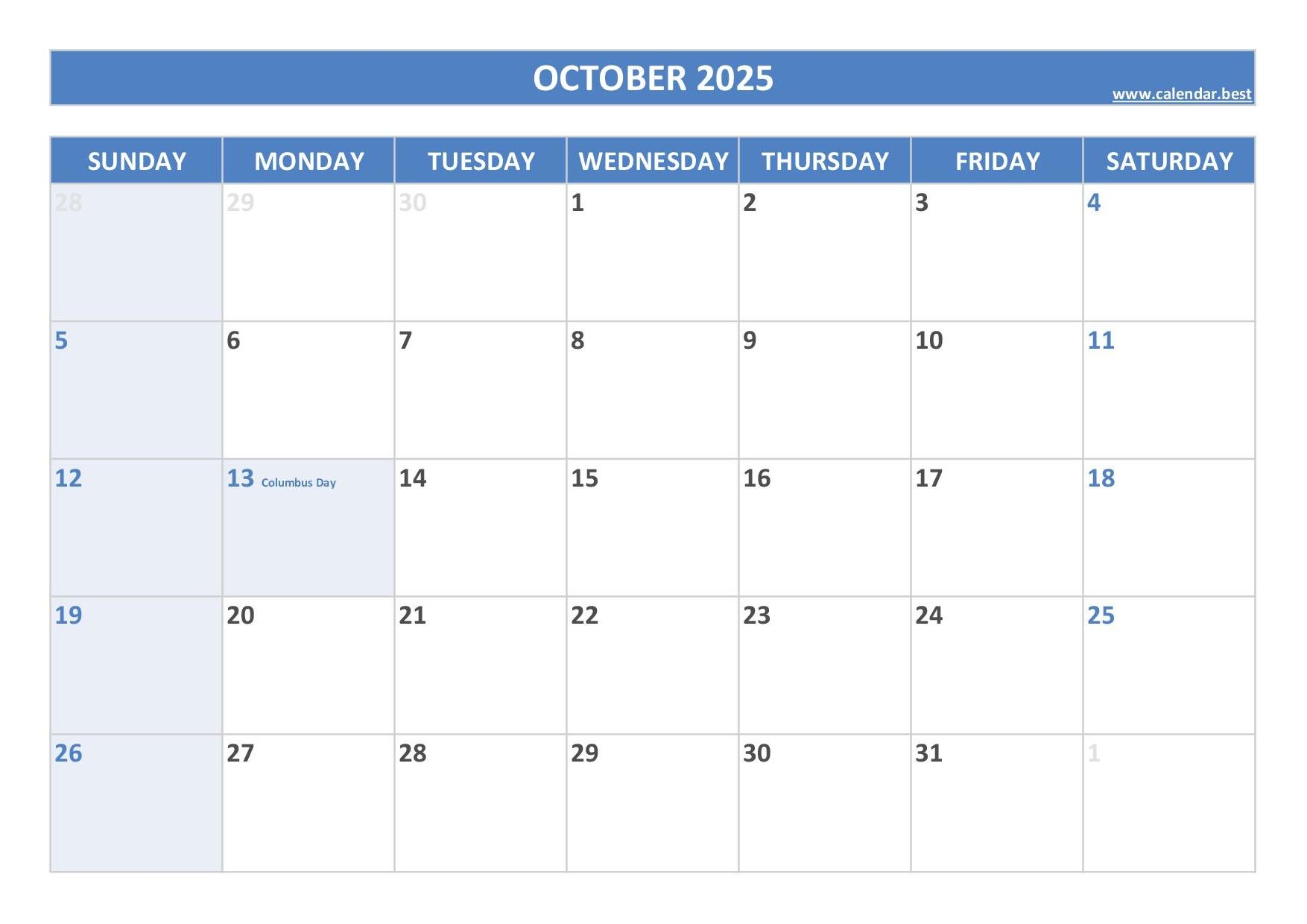 Daily Calendar October 2025