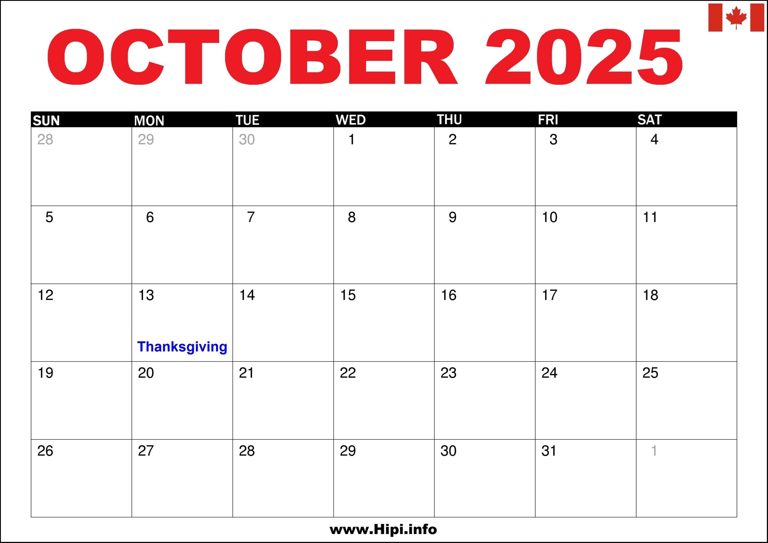 October 2025 Calendar Canada With Holidays Hipi info 