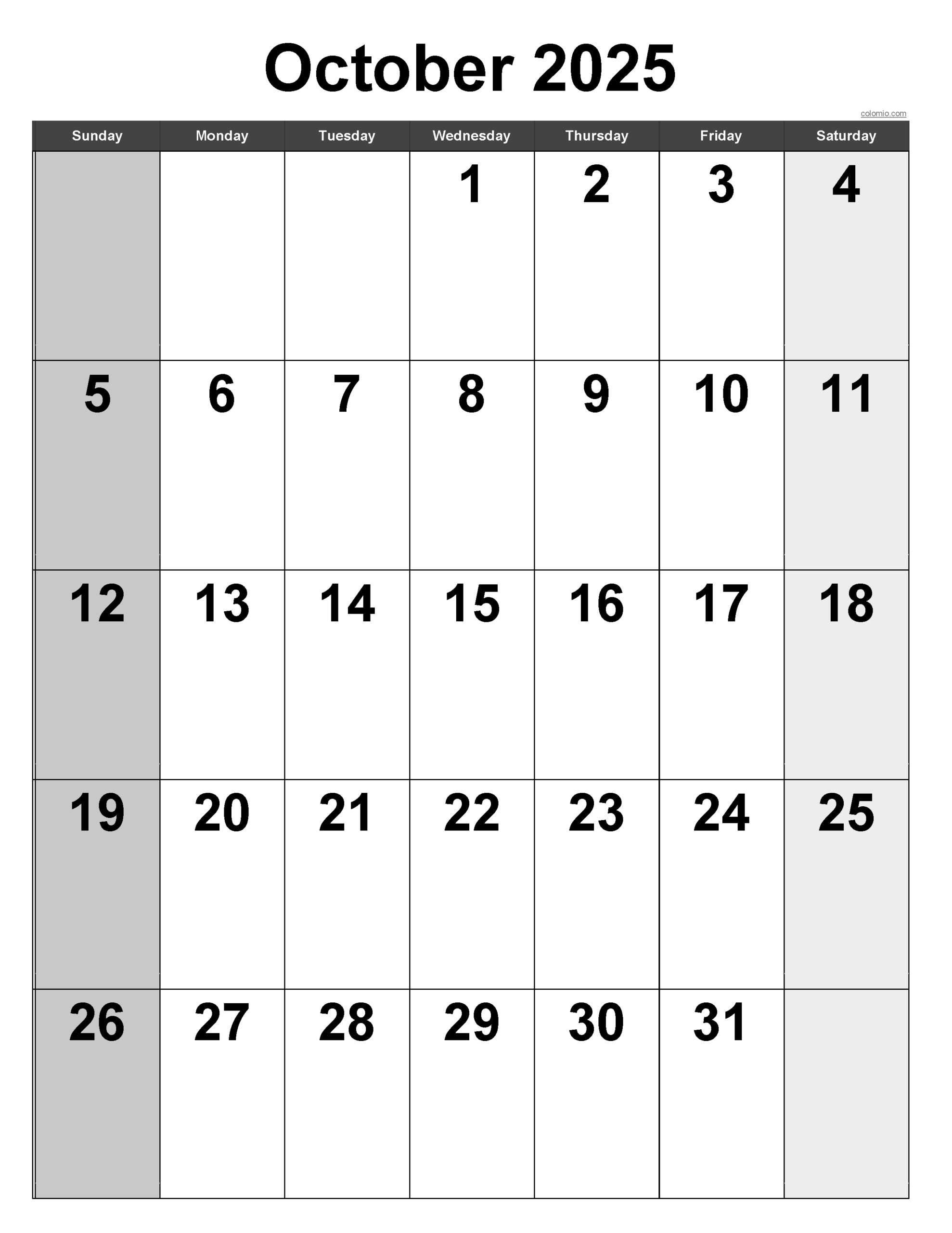 October 2025 Calendar Vertical