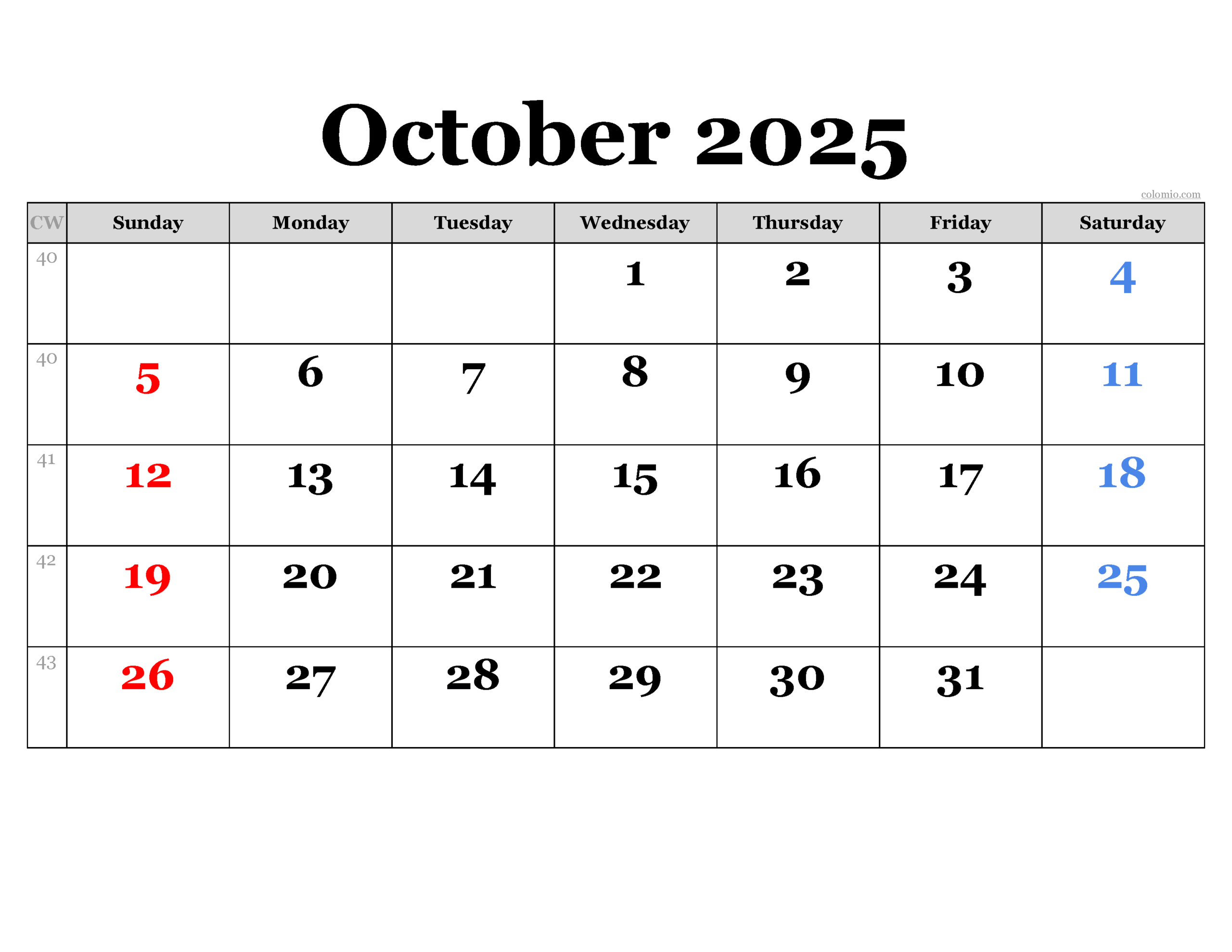 October 2025 Weekly Calendar