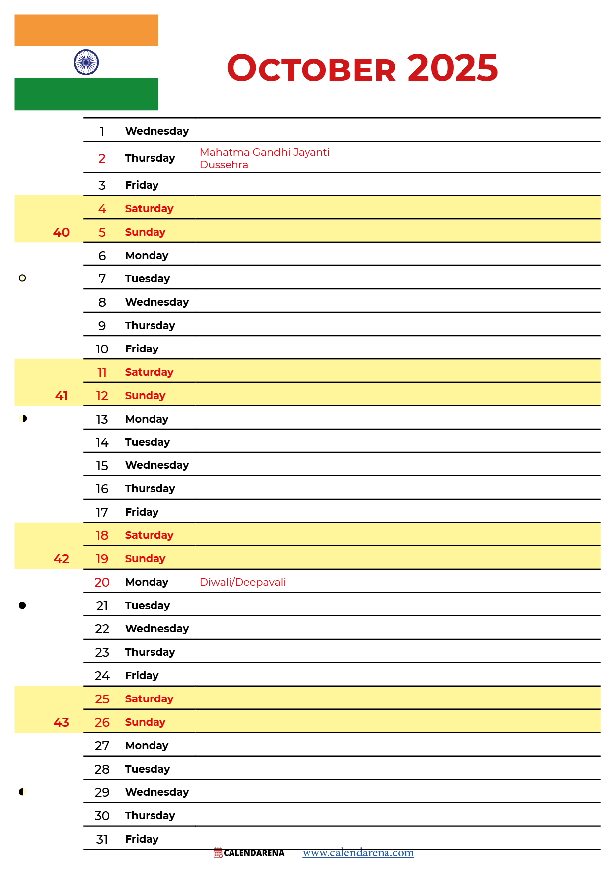 Indian Calendar October 2025