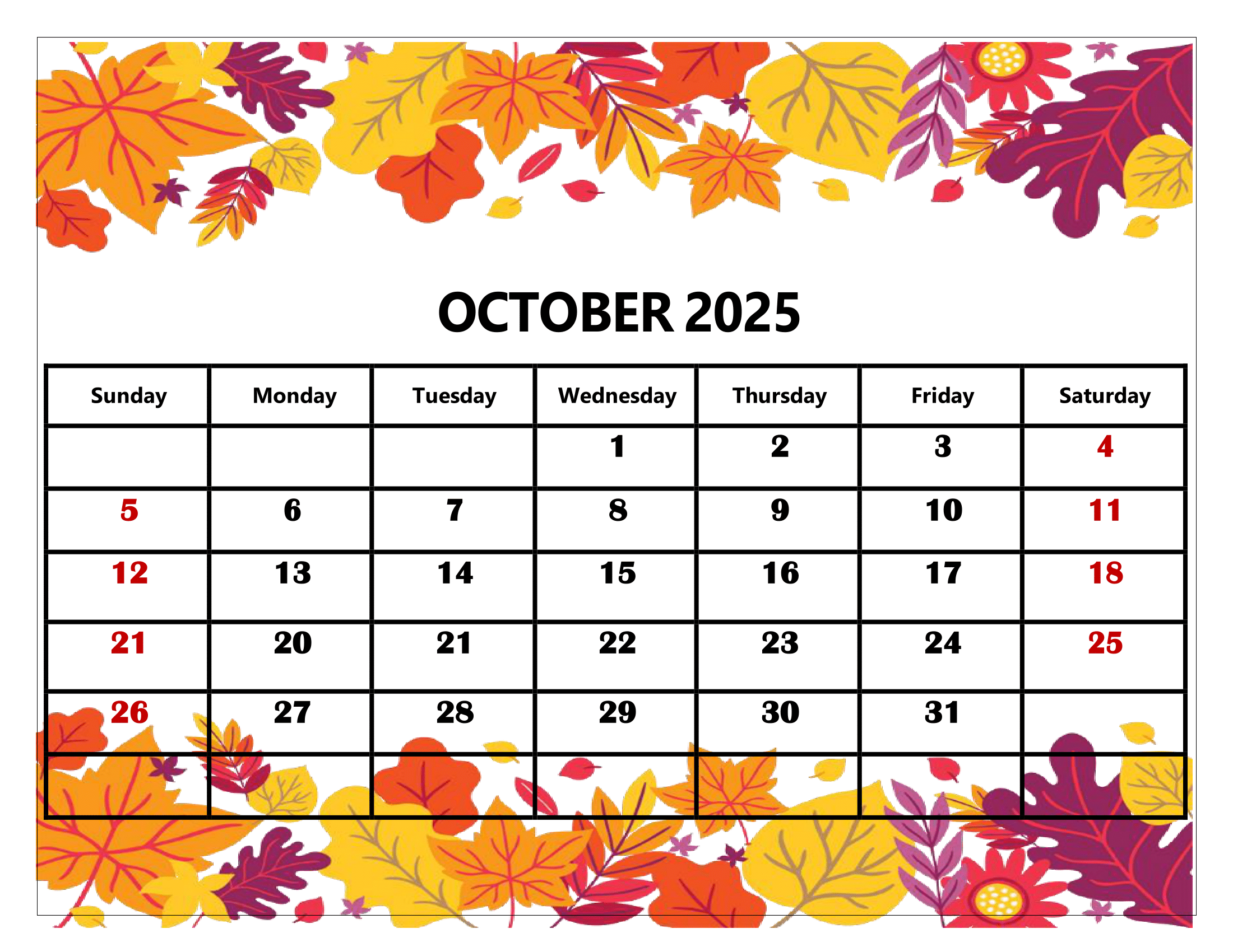 Free Editable October 2025 Calendar