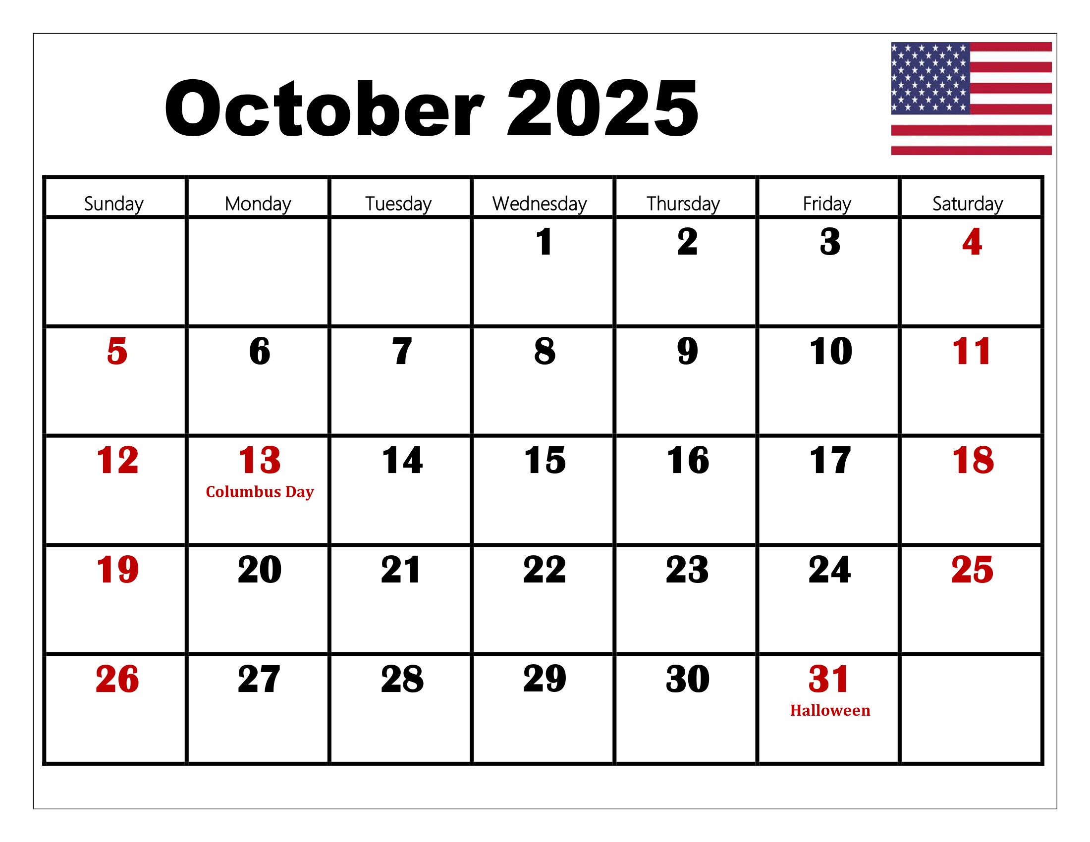 Show Calendar For October 2025