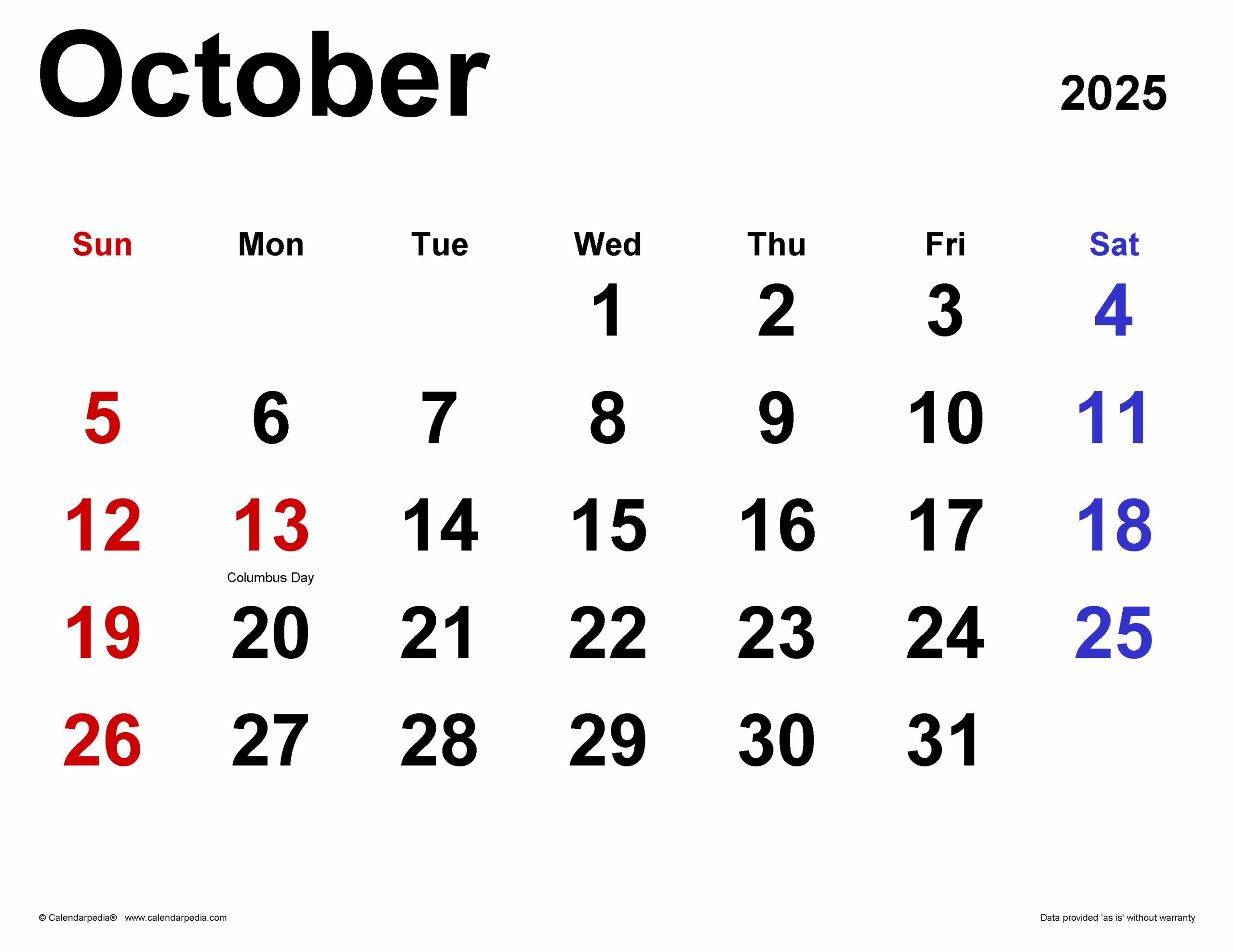 Month Calendar October 2025