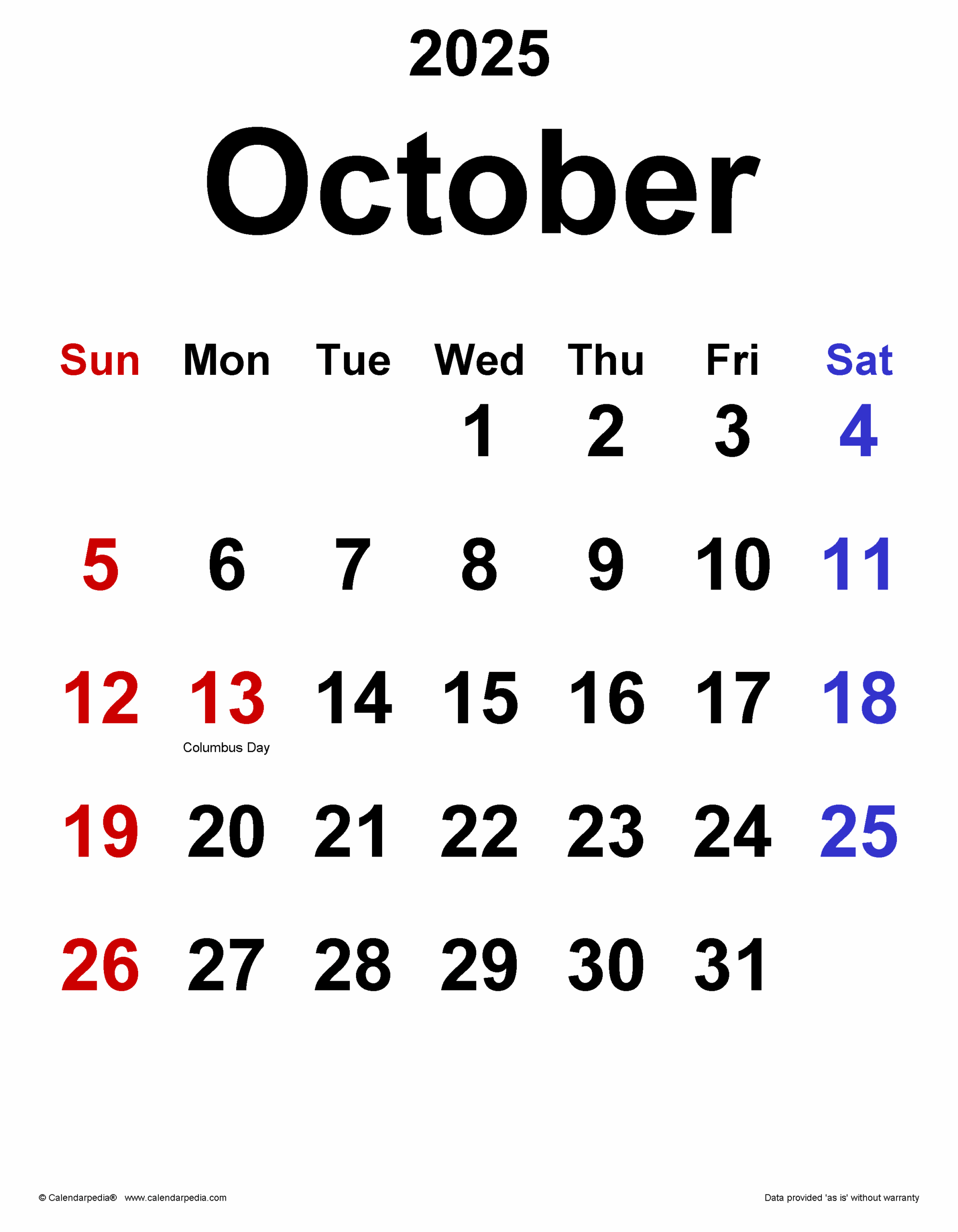 Vertical Calendar October 2025