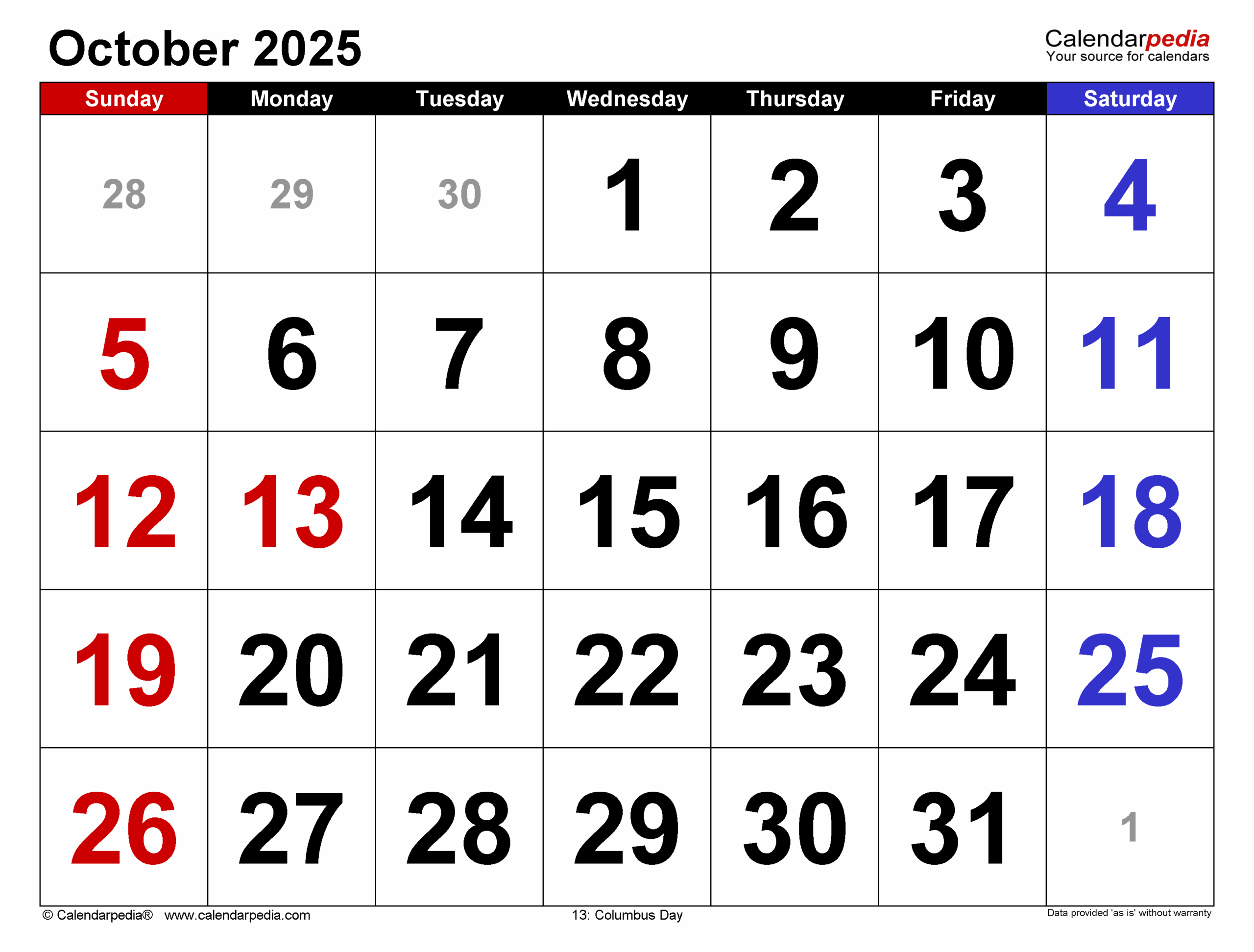 October 2025 Calendar Free Printable Pdf
