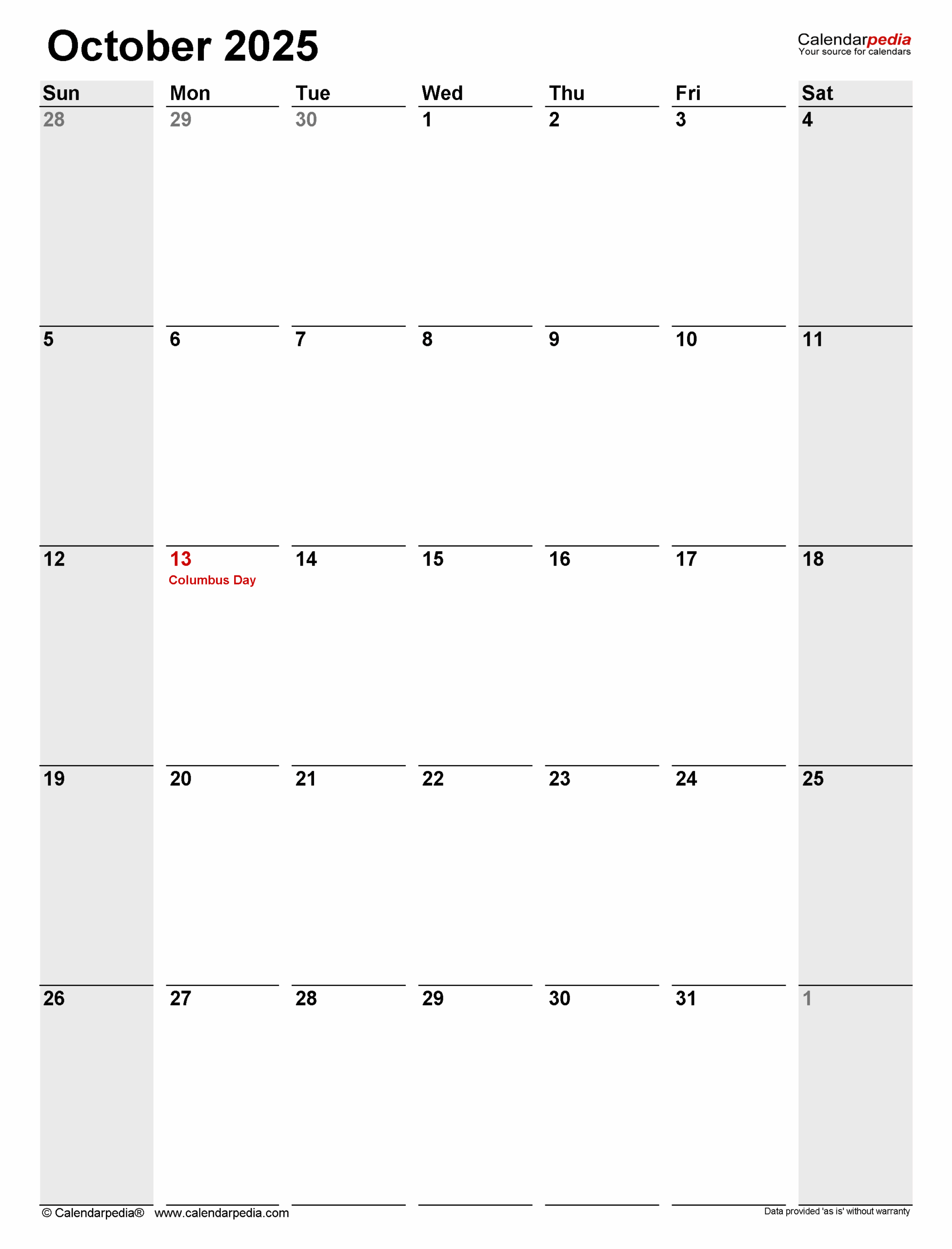 Editable October 2025 Calendar Word
