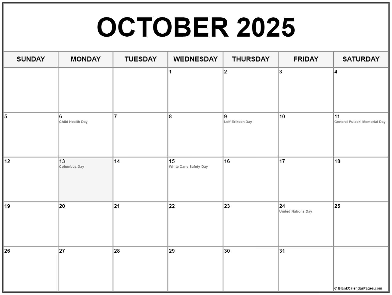 Calendar October 2025 With Holidays