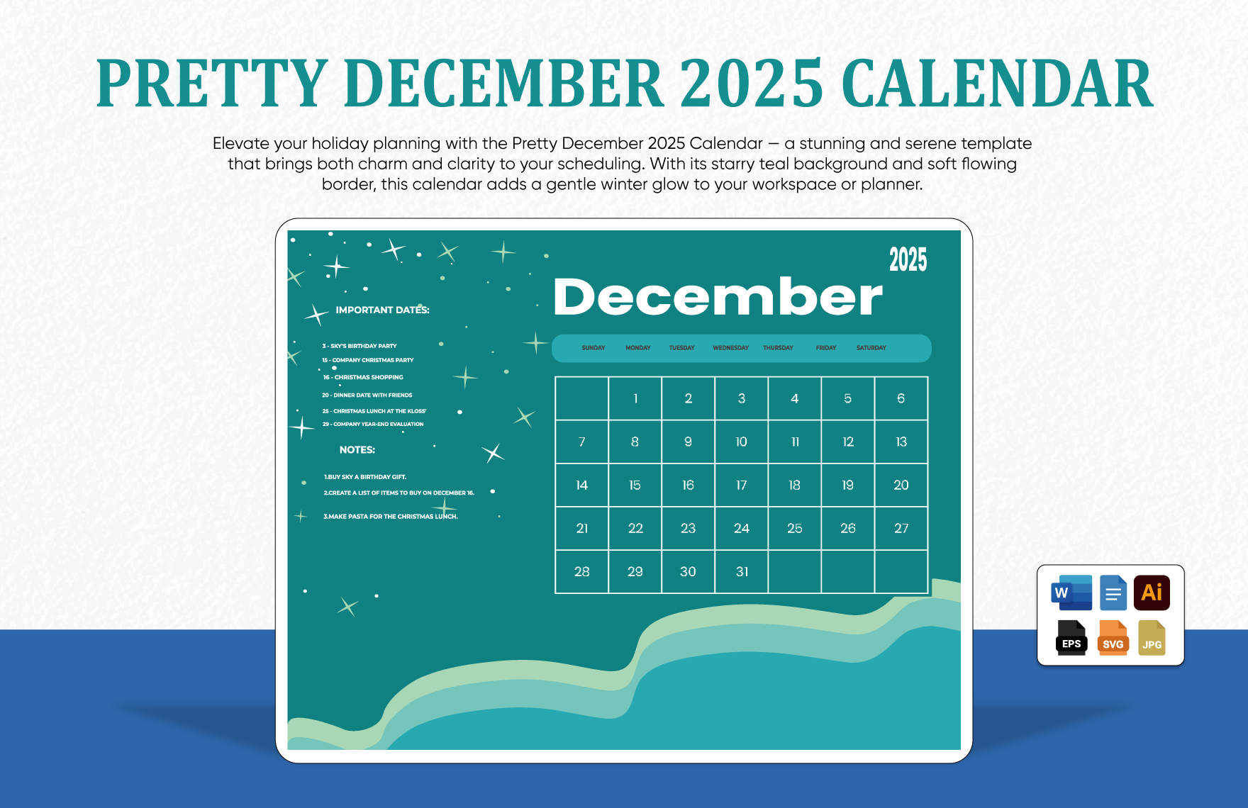 Pretty December 2025 Calendar In EPS Illustrator JPG Word SVG 