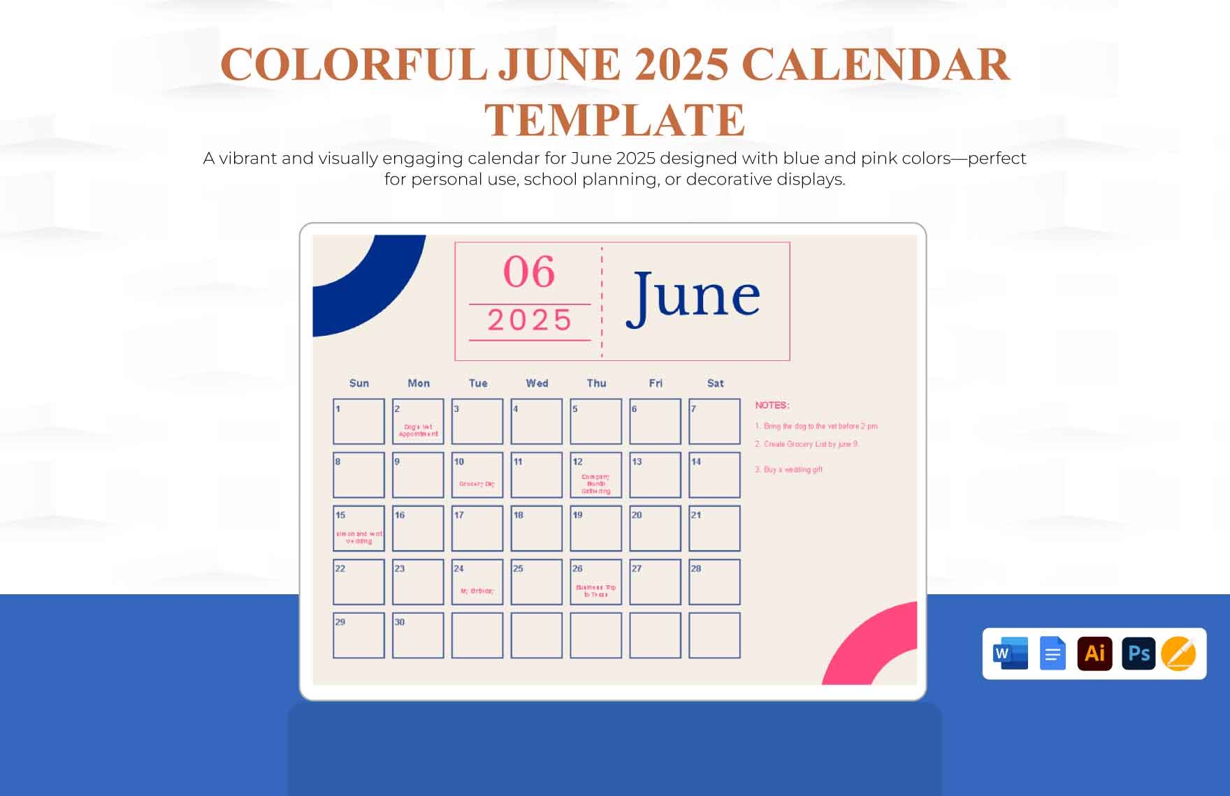 Pretty June 2025 Calendar In PSD Word Google Docs Illustrator Apple Pages To Download Template