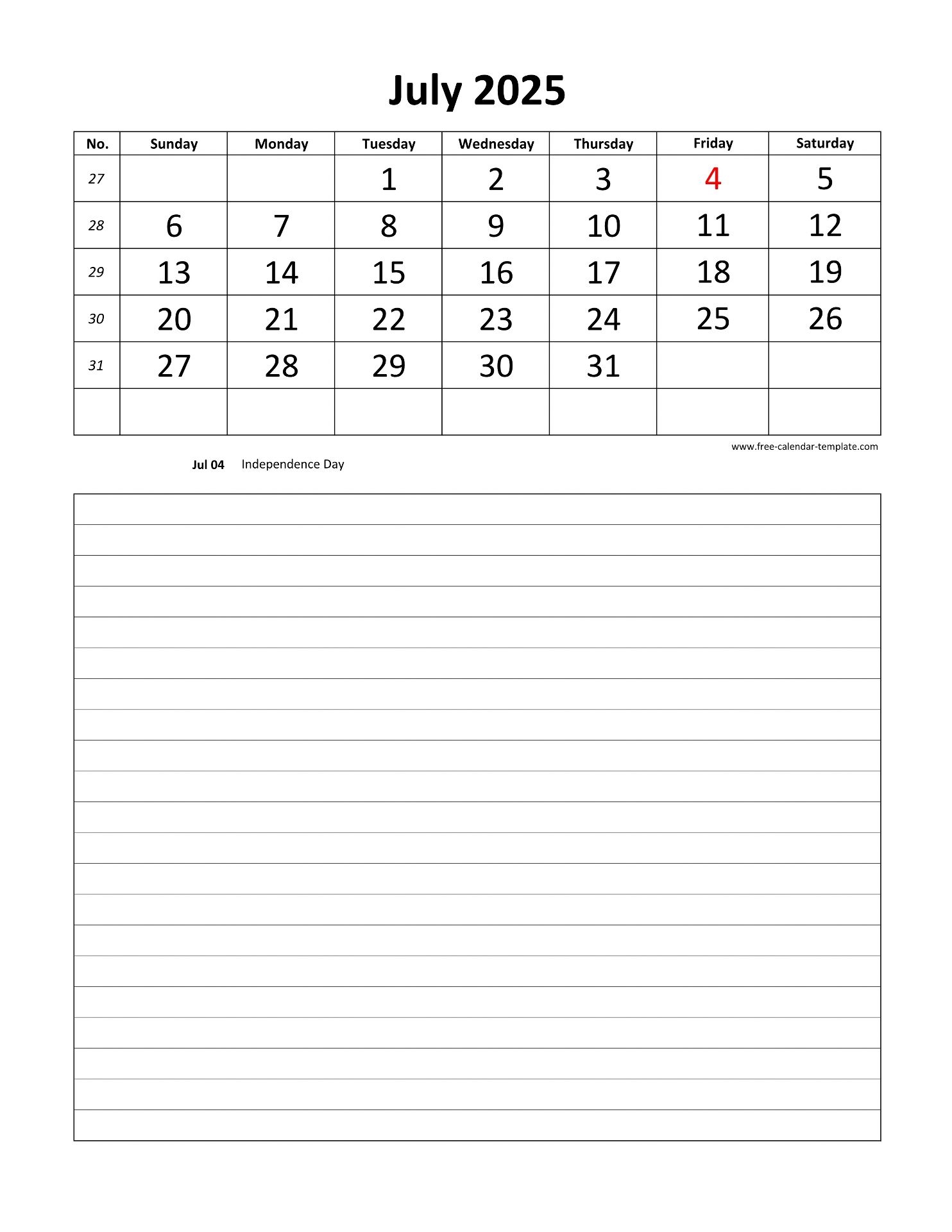 Calendar Template July 2025 Word