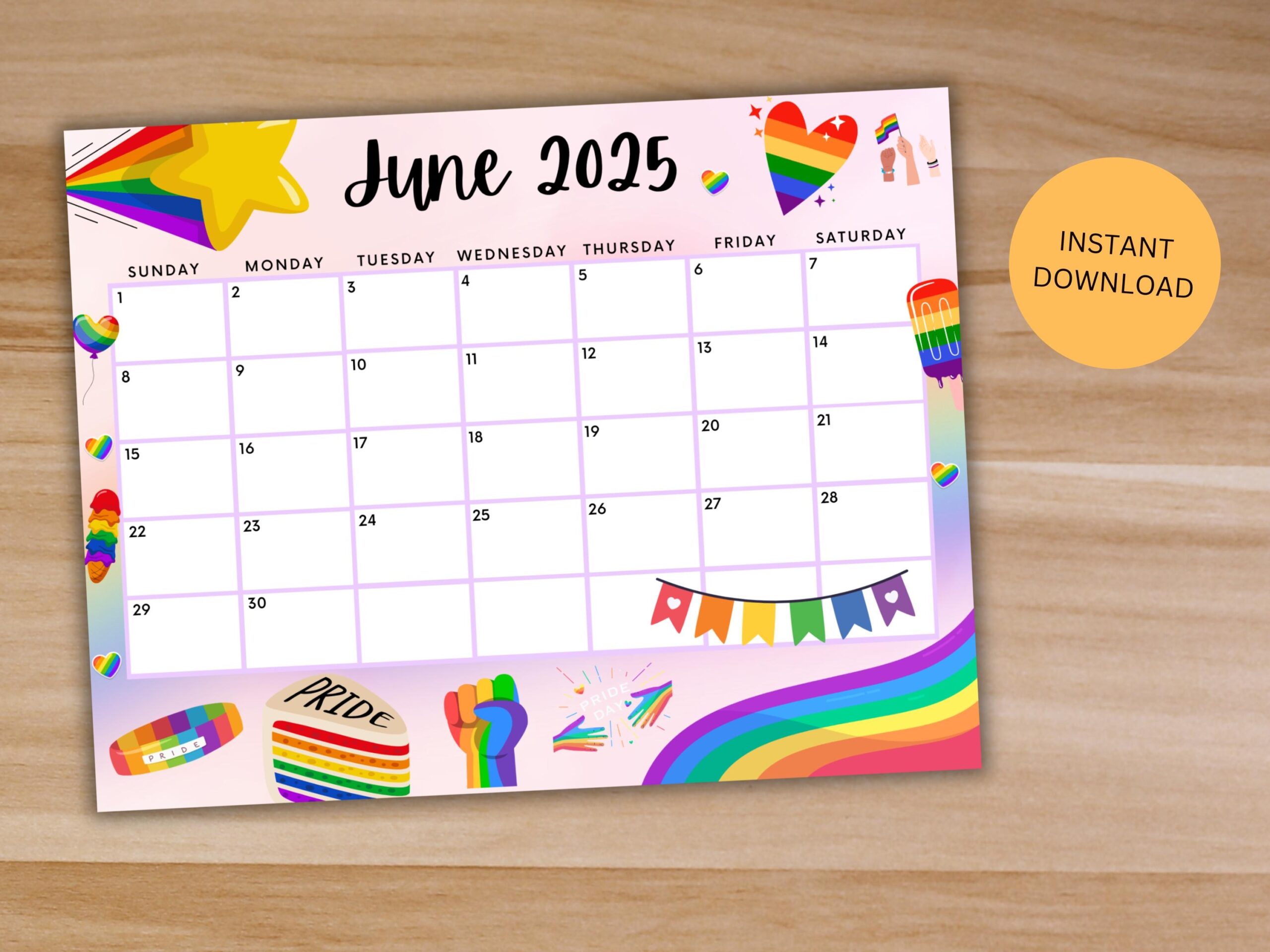 Printable June 2025 Calendar Editable Kids Calendar Cute Rainbow Pride Summer Calendar Monthly Calendar June Calendar For Pride Month Etsy