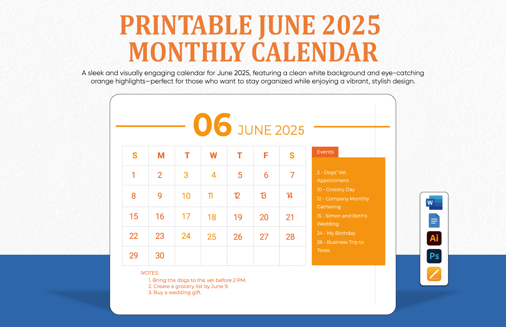 Printable June 2025 Monthly Calendar Template In PSD Illustrator Word Apple Pages Google Docs To Download Template