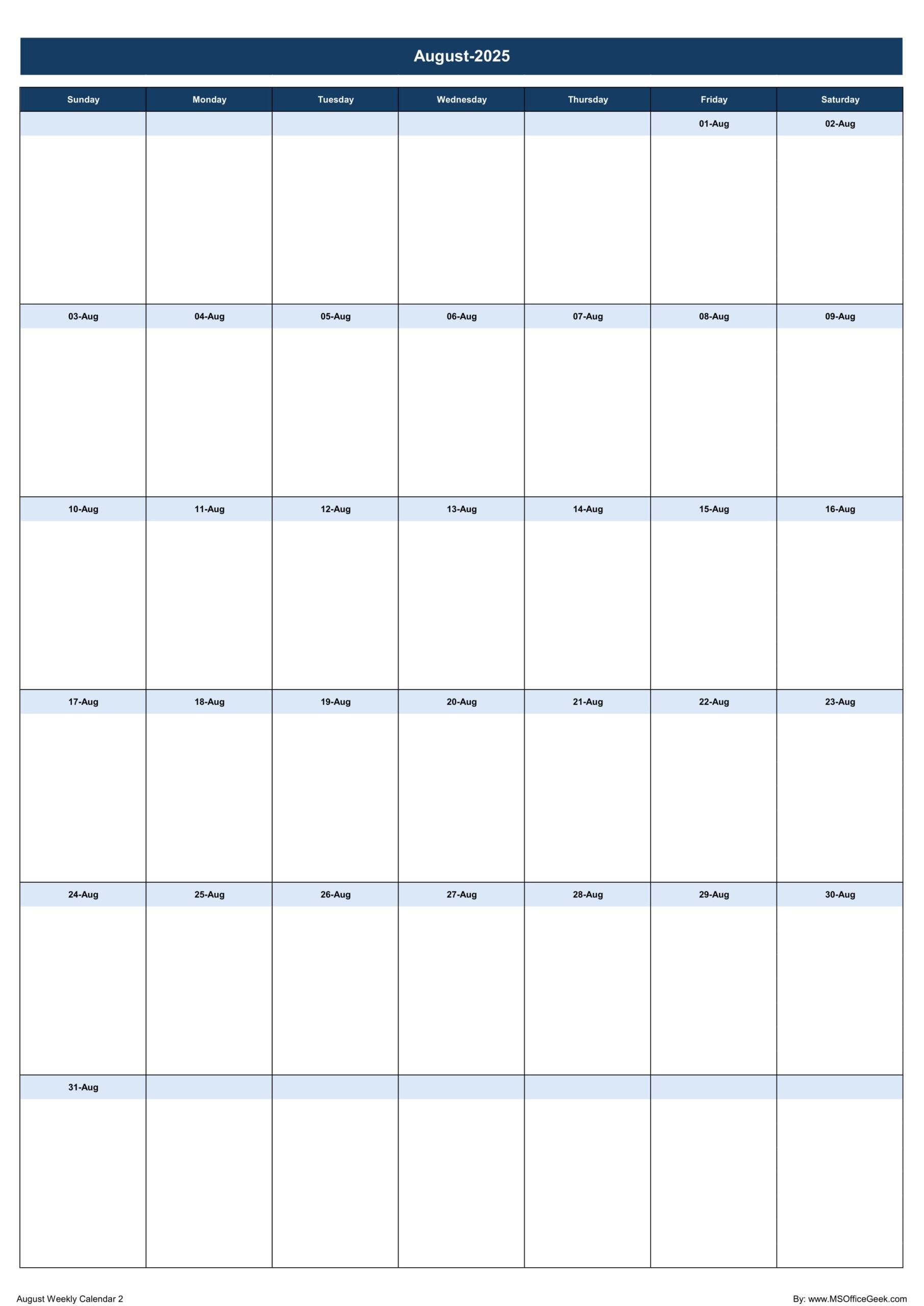 Excel Calendar August 2025