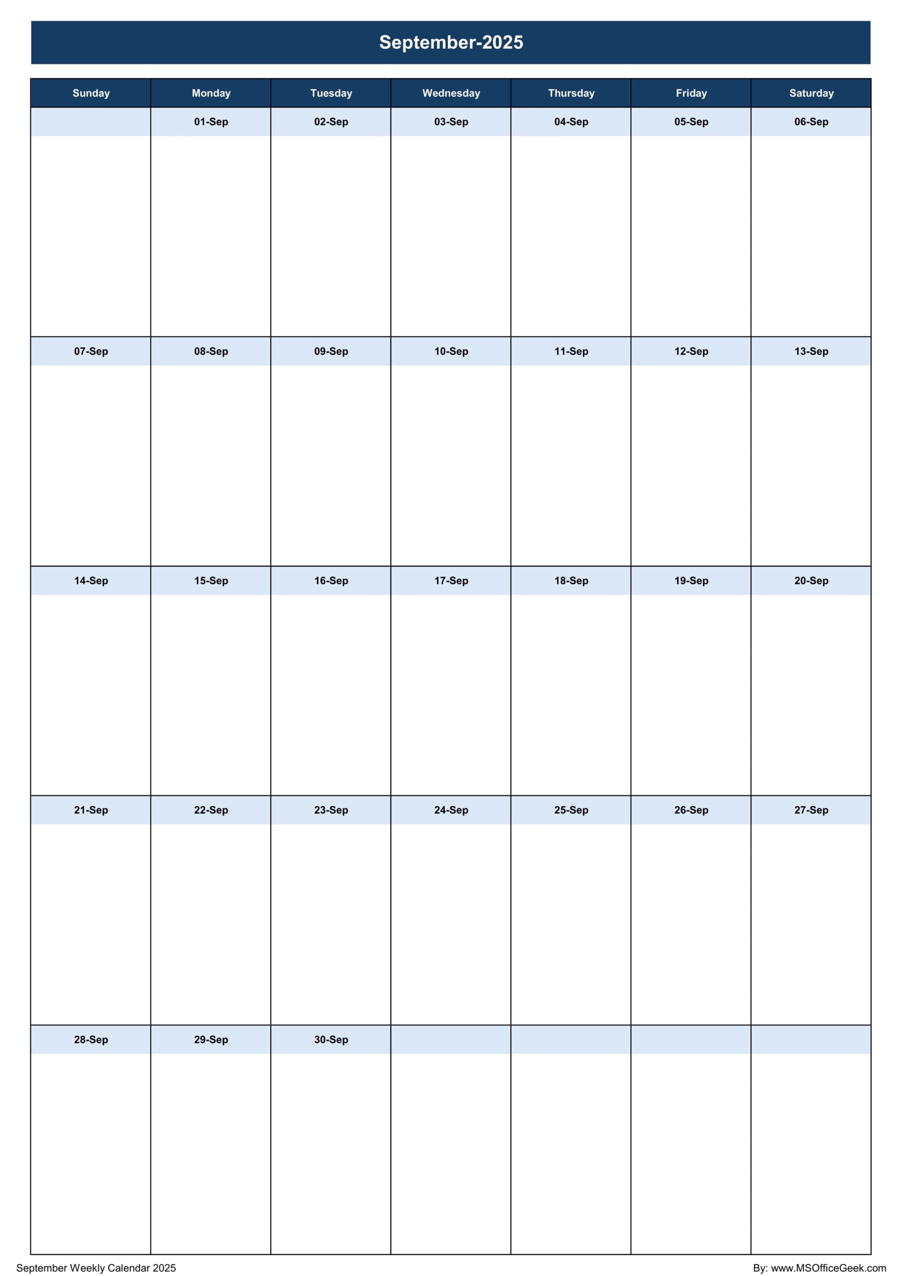 Calendar September 2025 Excel