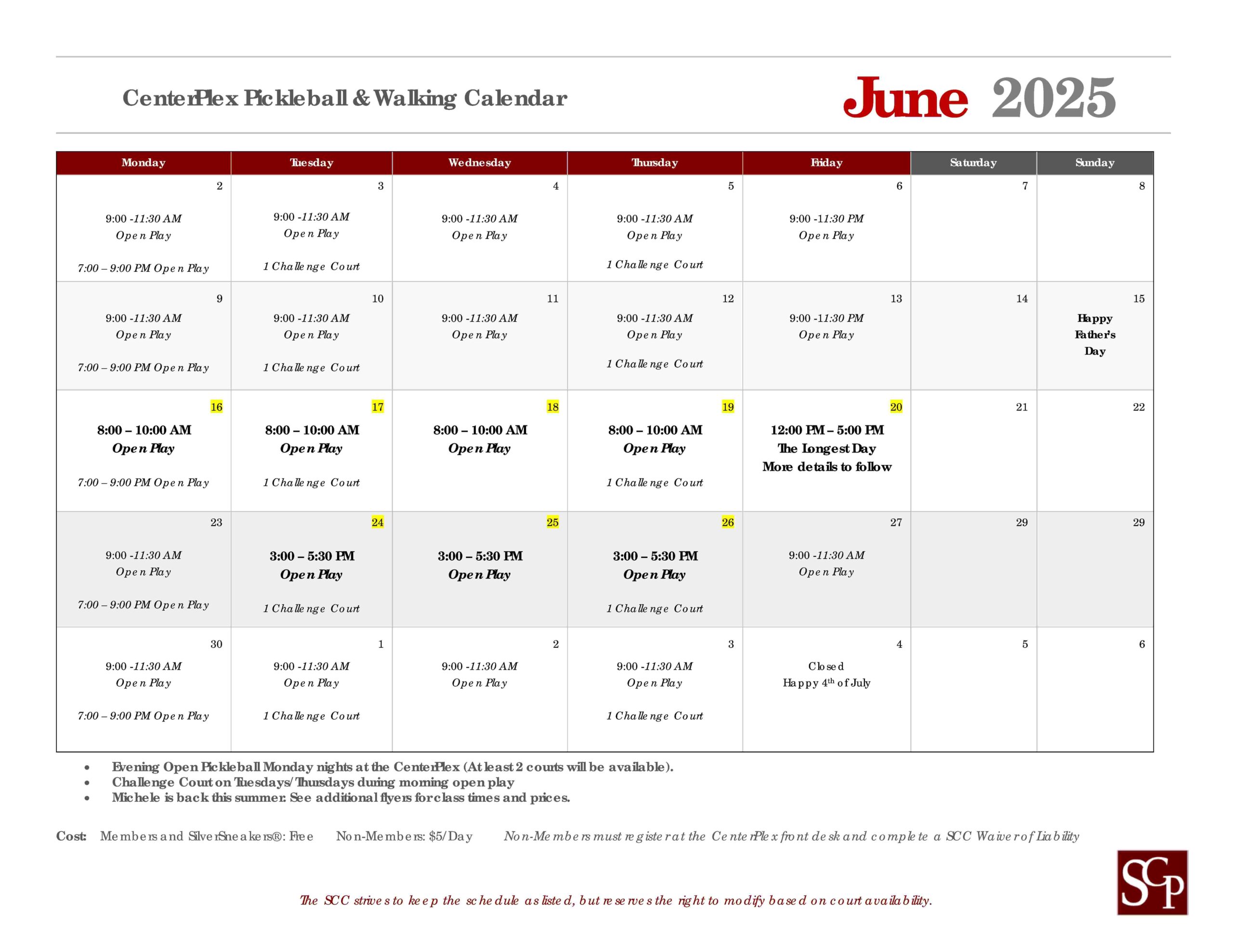 Salem Community Center June Pickleball Calendar