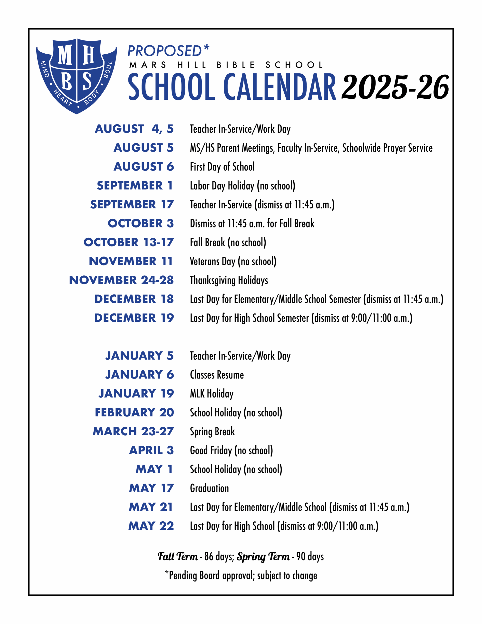 School Calendar Mars Hill Bible School