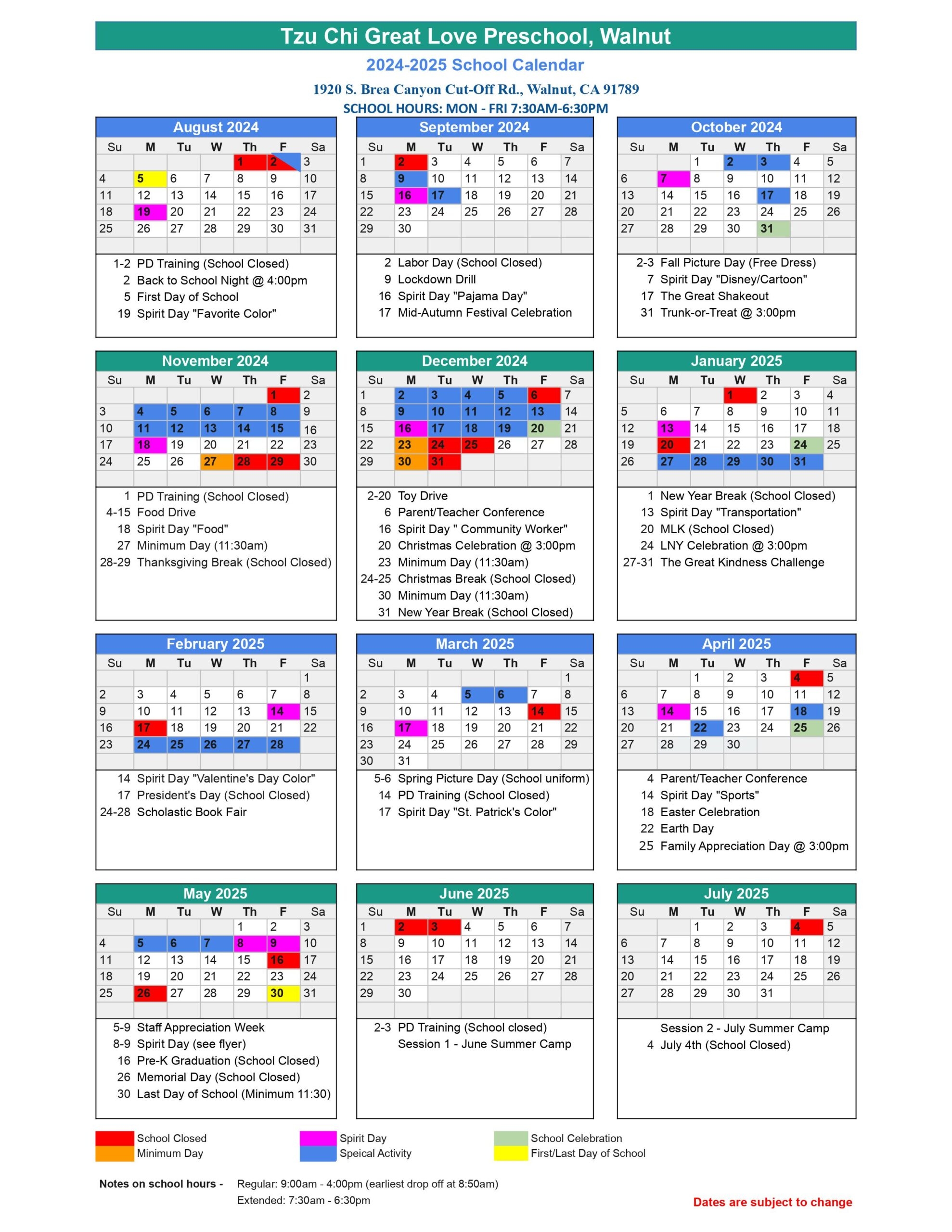 School Year Calendar Tzu Chi Education 