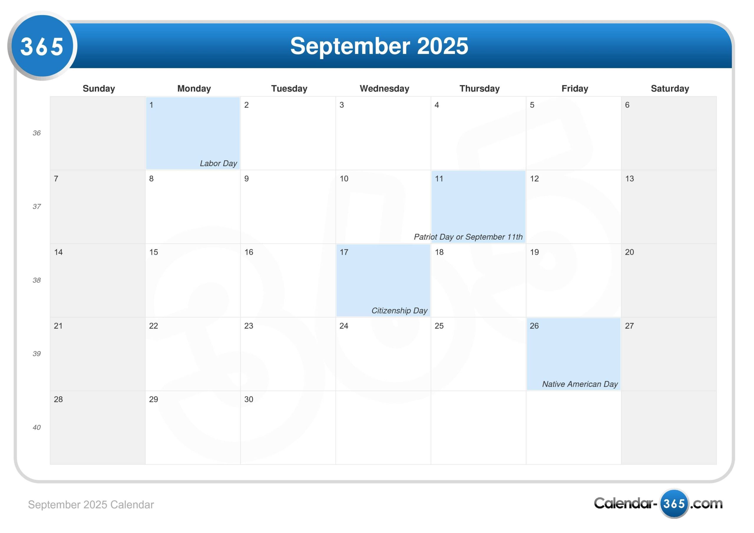 September 2025 Calendar Usa