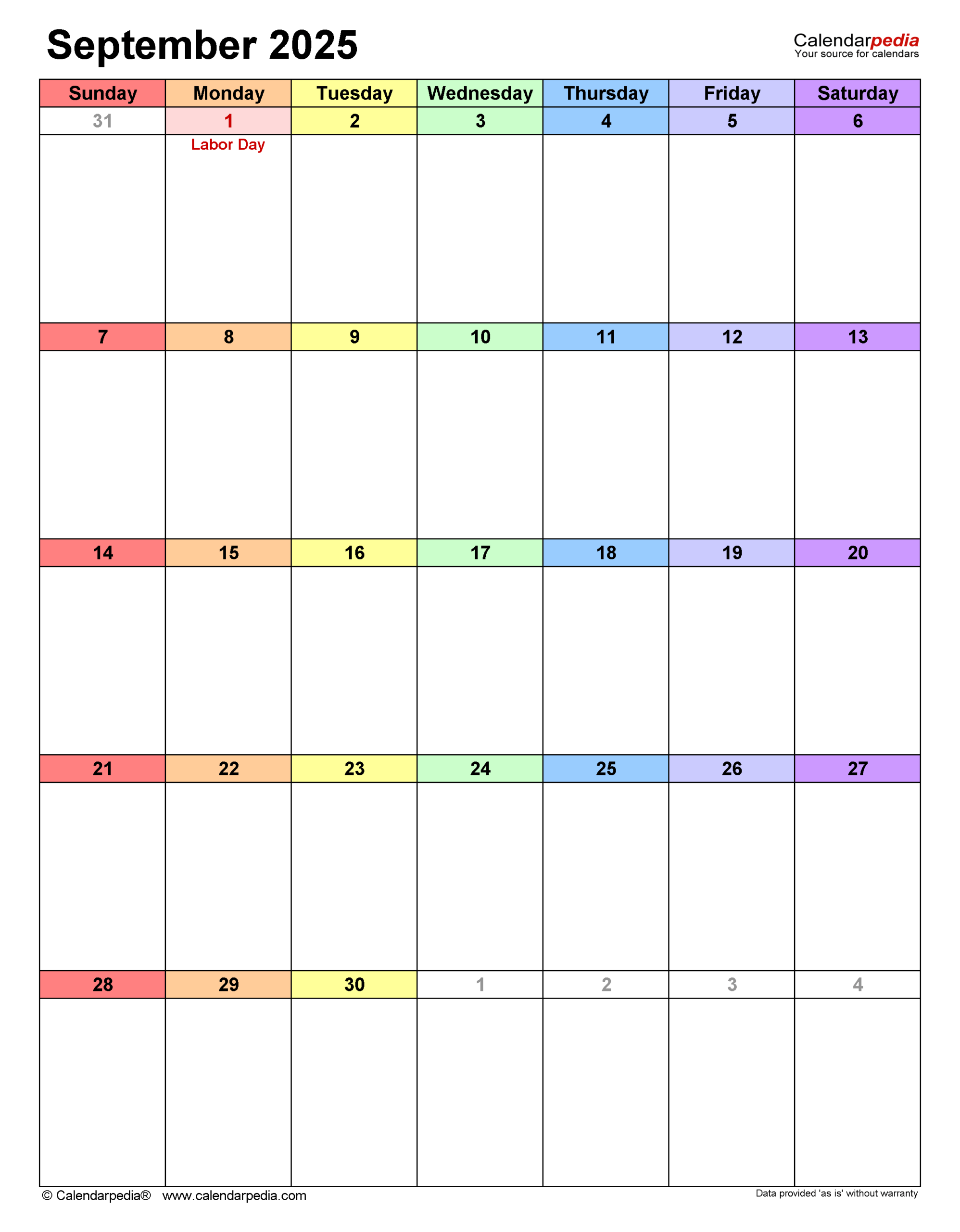 Blank September 2025 Calendar Editable