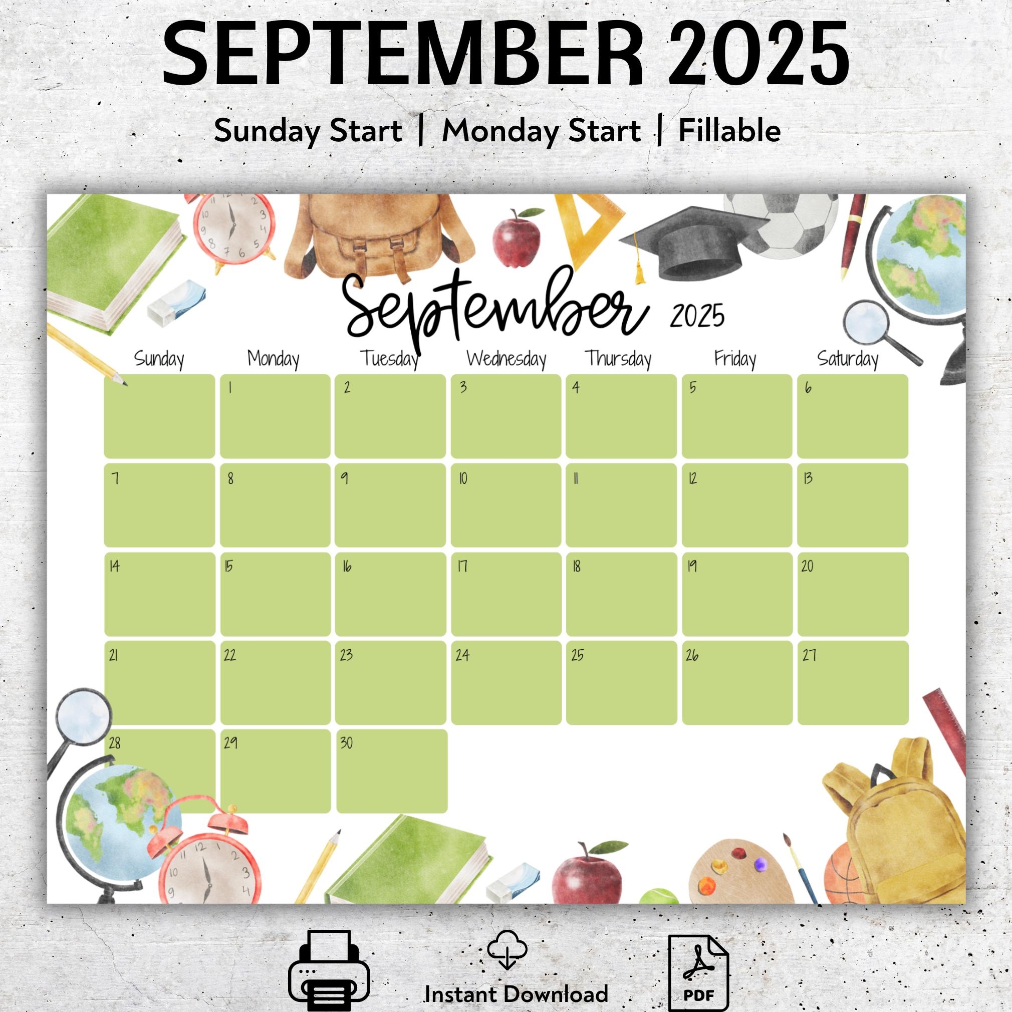 September 2025 Printable Calendar PDF School Theme Fillable 