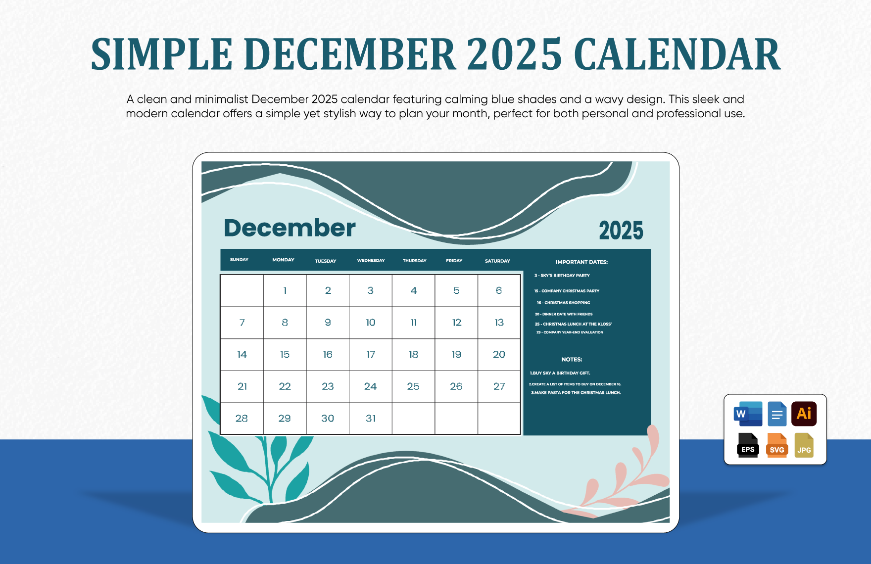 Simple December 2025 Calendar In EPS Illustrator JPG Word SVG 