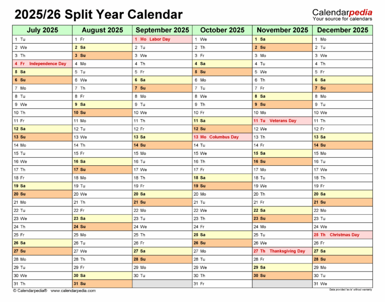 Split Year Calendars 2025 2026 July To June Excel Templates