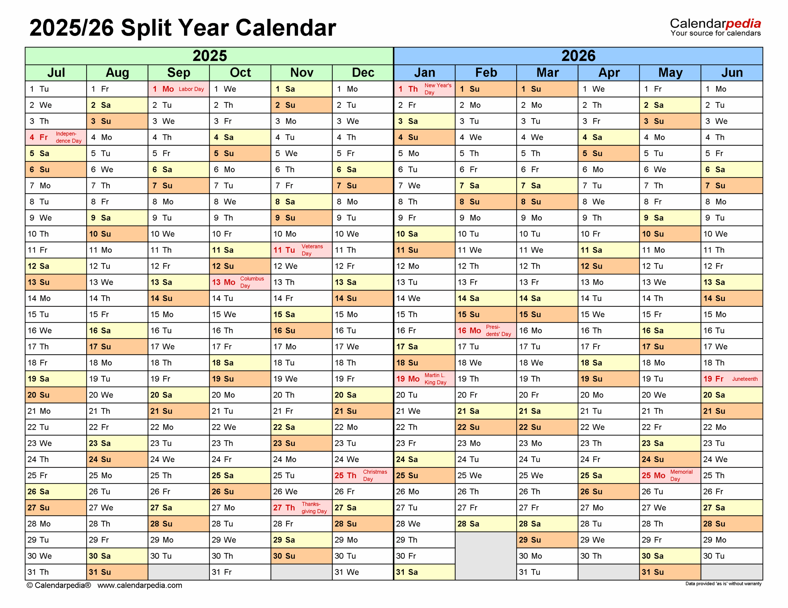 Split Year Calendars 2025 2026 July To June PDF Templates