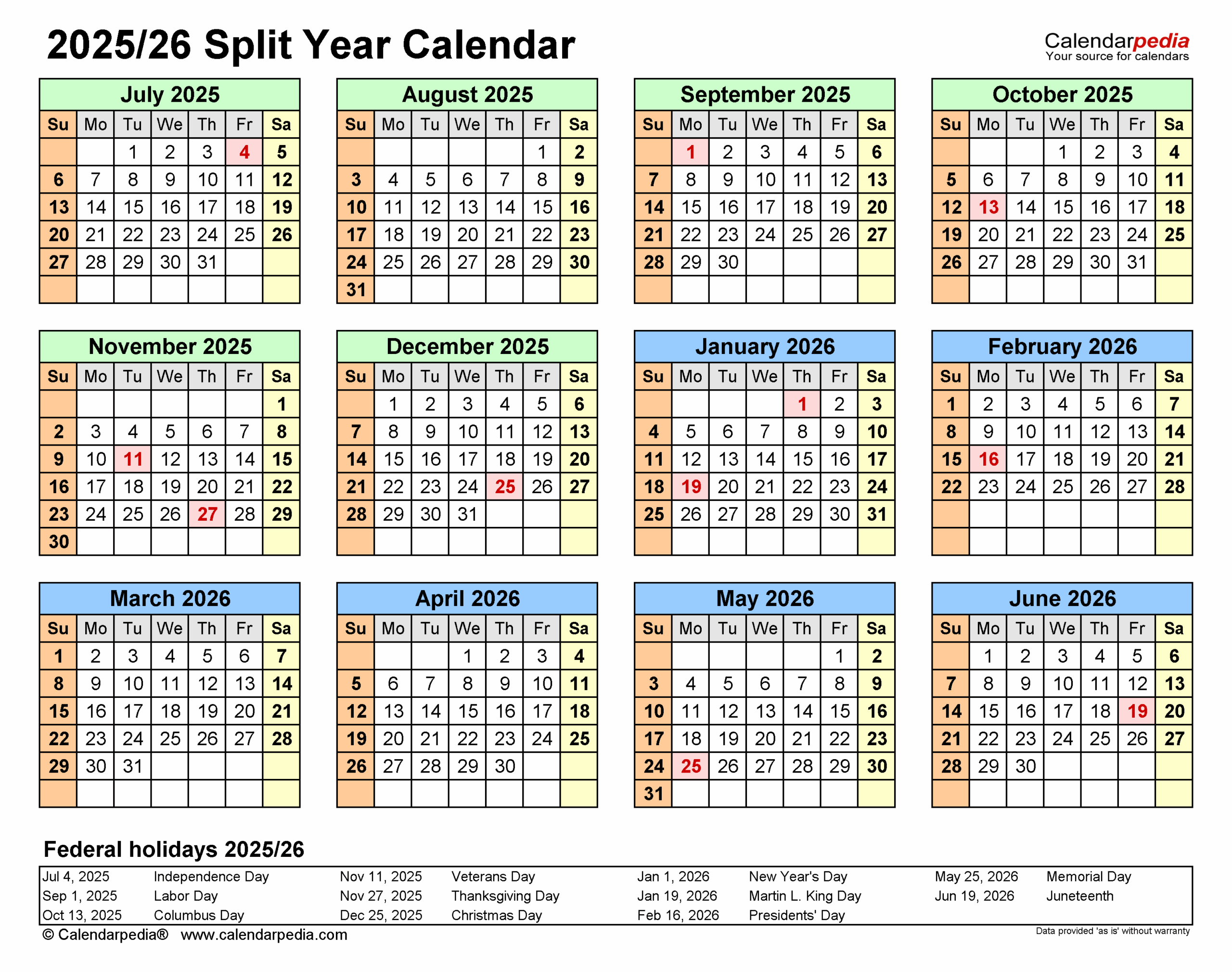 September 2025 - September 2026 Calendar