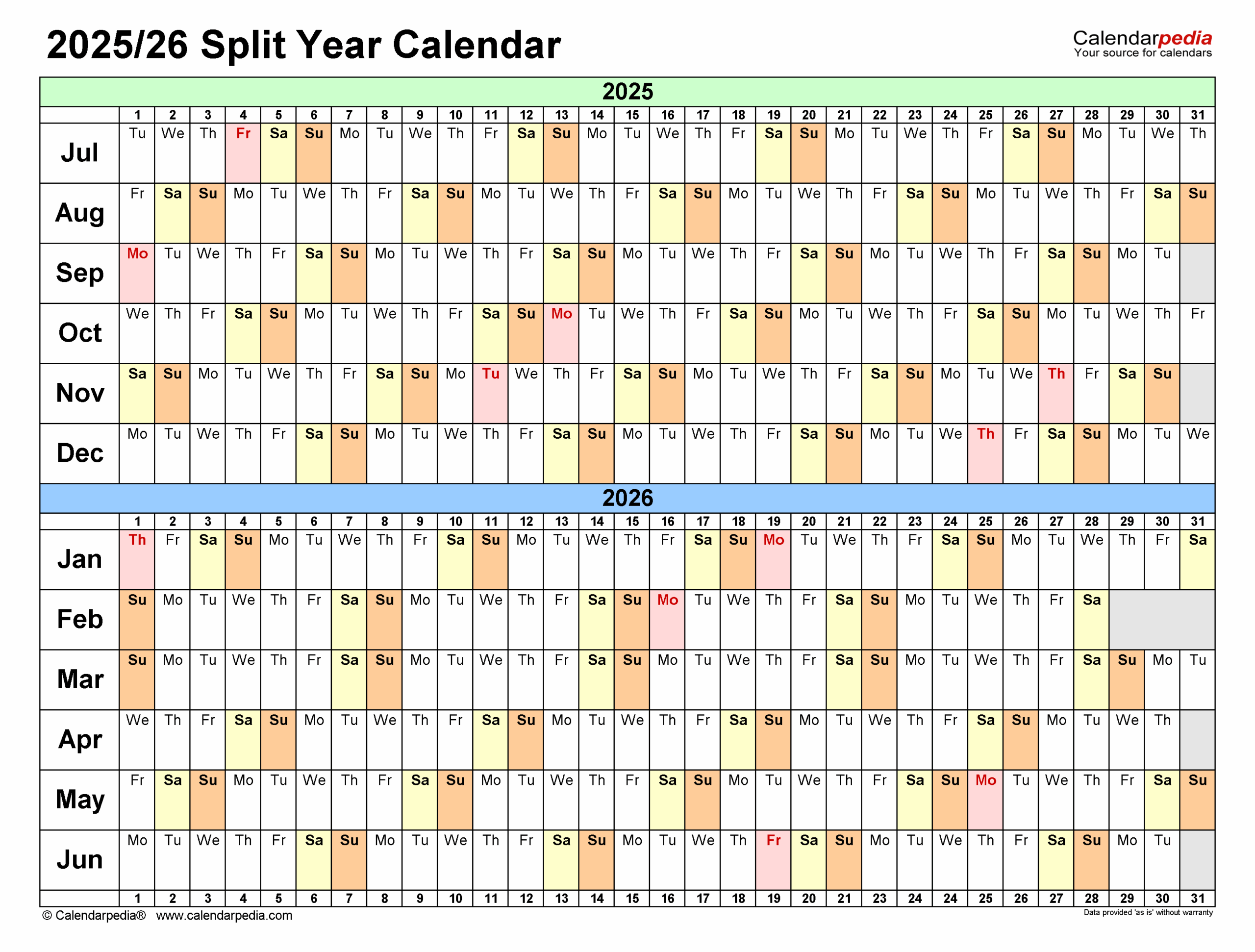 June 2025 - June 2026 Calendar