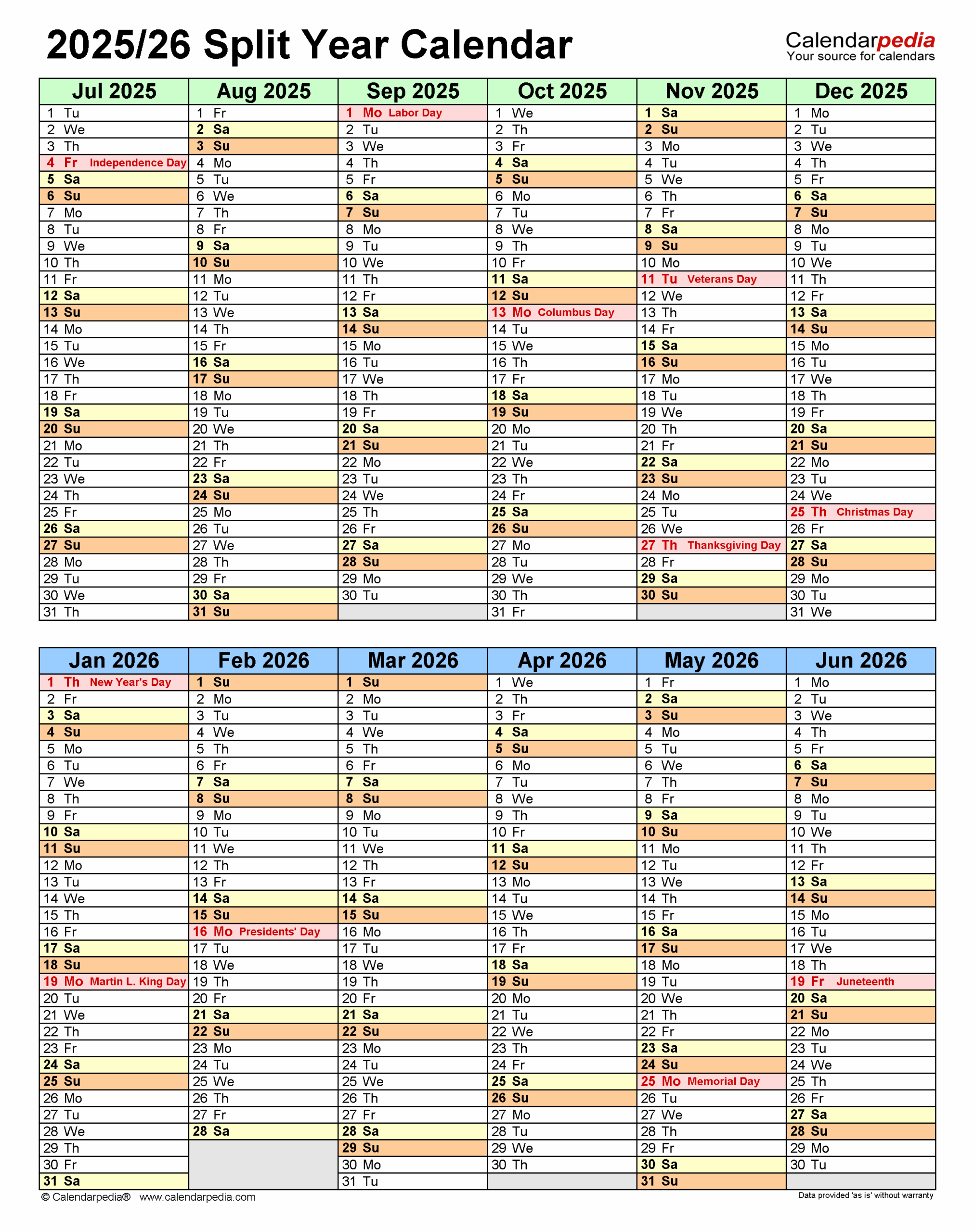 Split Year Calendars 2025 2026 July To June PDF Templates