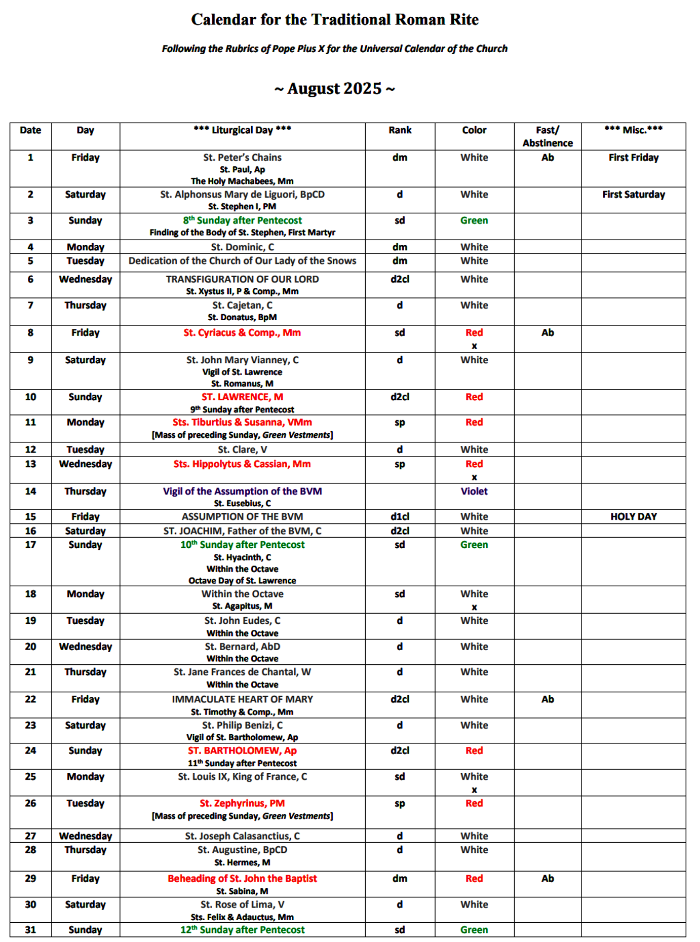 August 2025 Catholic Calendar