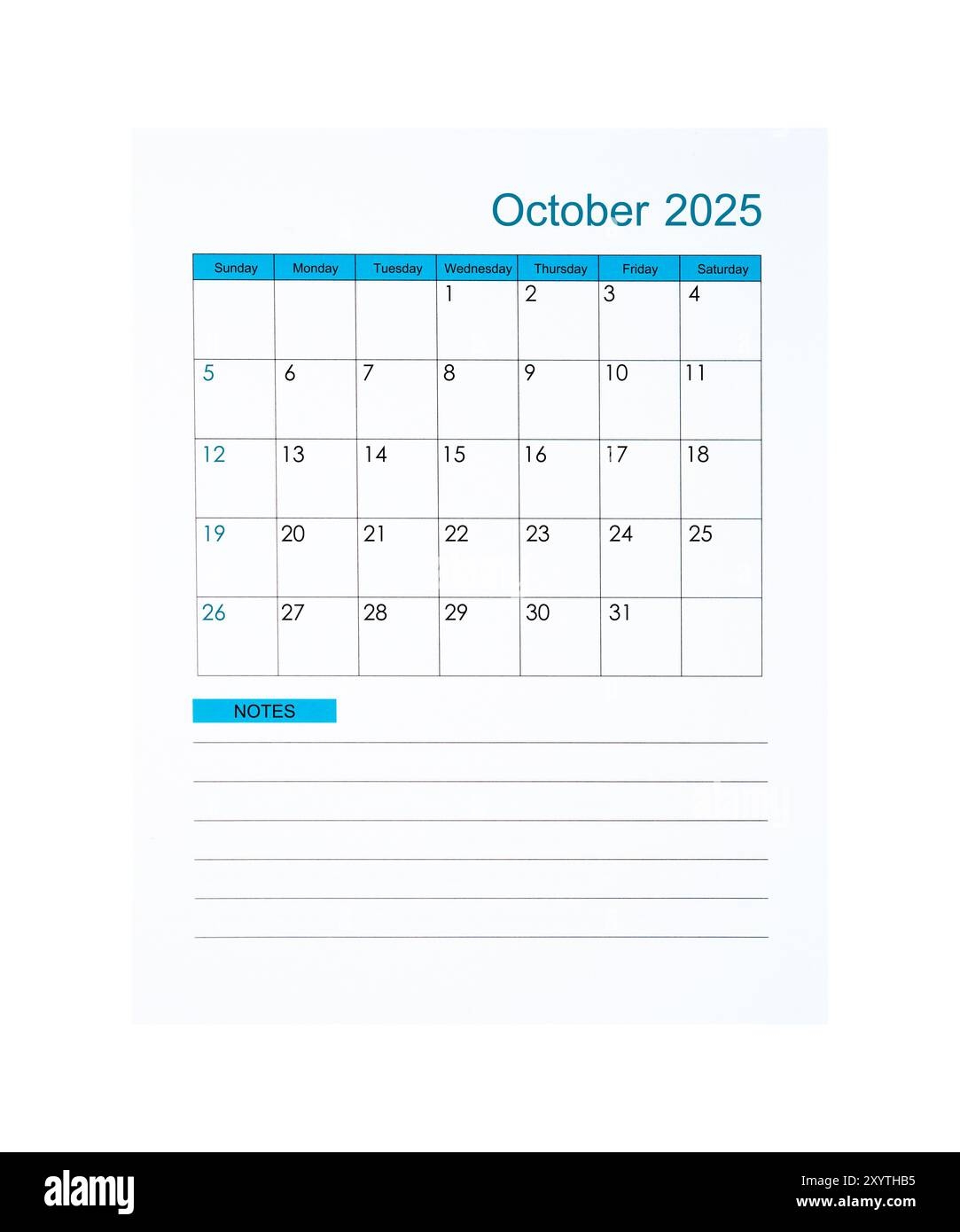 Vertical Of October 2025 Calendar Page For 2025 Year Isolated On White Background Saved Clipping Path Stock Photo Alamy